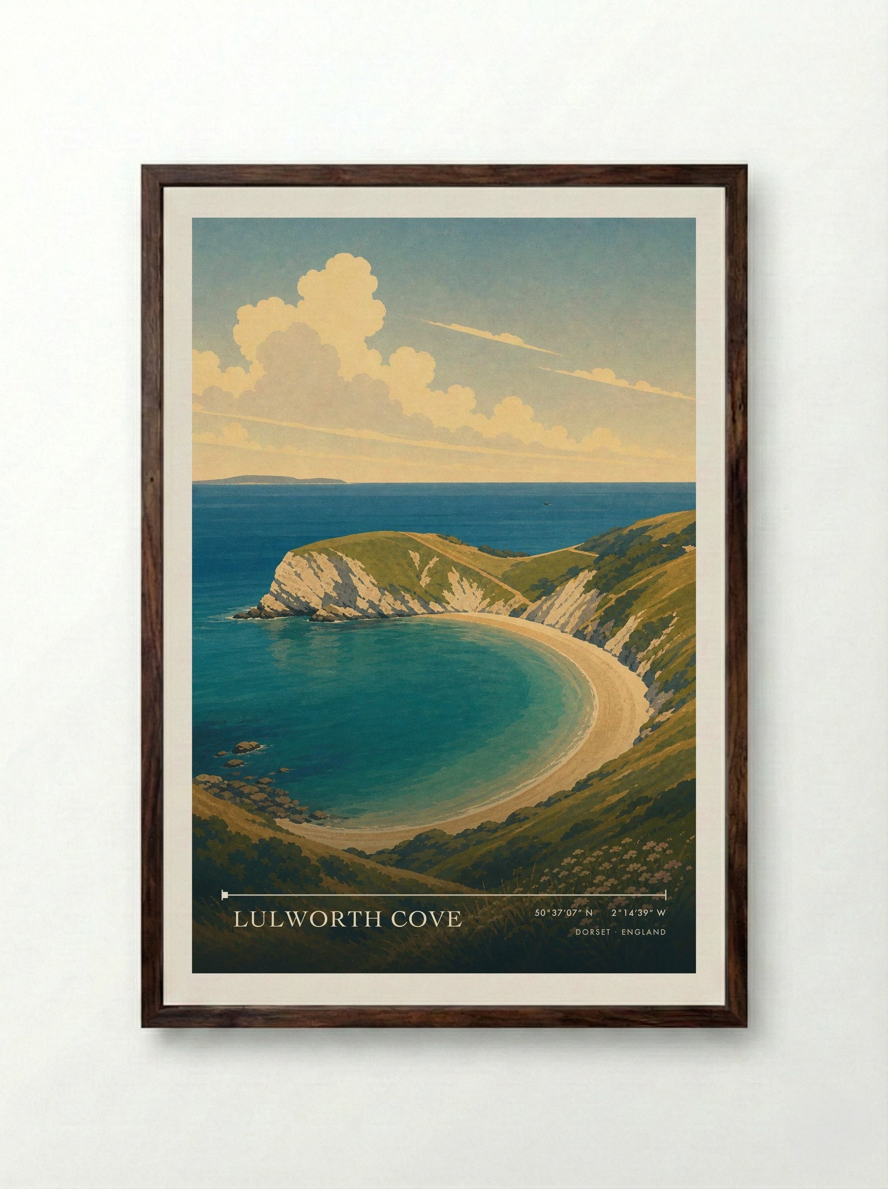 Lulworth Cove Dorset England Travel Poster - Framed Print Dark Wood