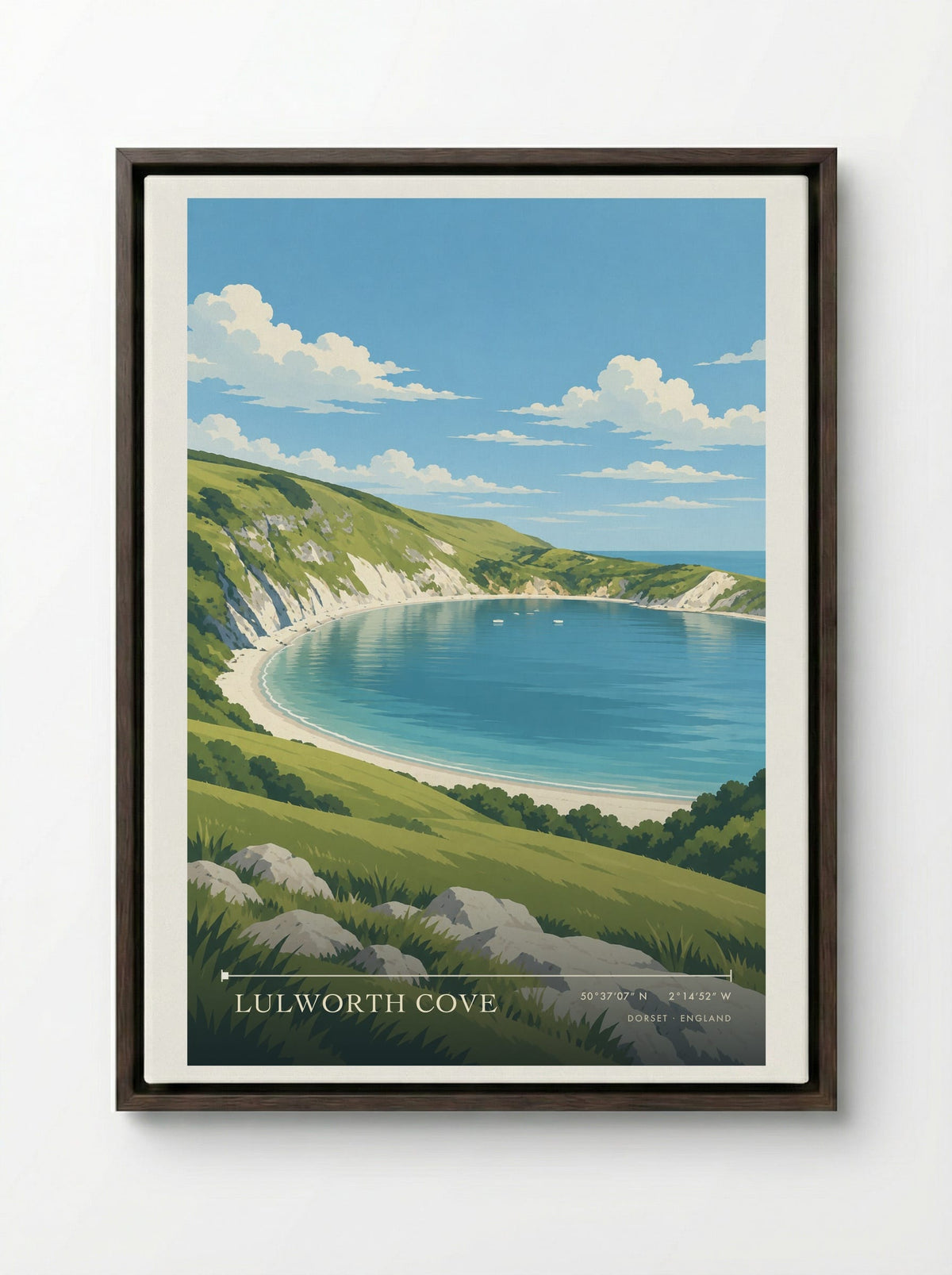 Lulworth Cove, Dorset | Travel Poster - Framed Canvas Dark Wood