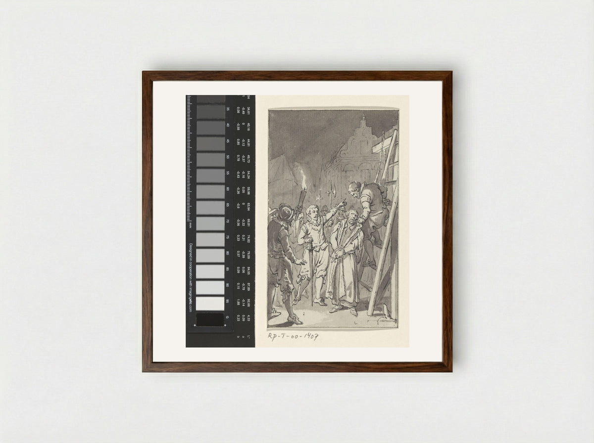 Lumey laat pater C. Musius te Leiden ophangen, december 1572 - Jacobus Buys - Framed Print Dark Wood