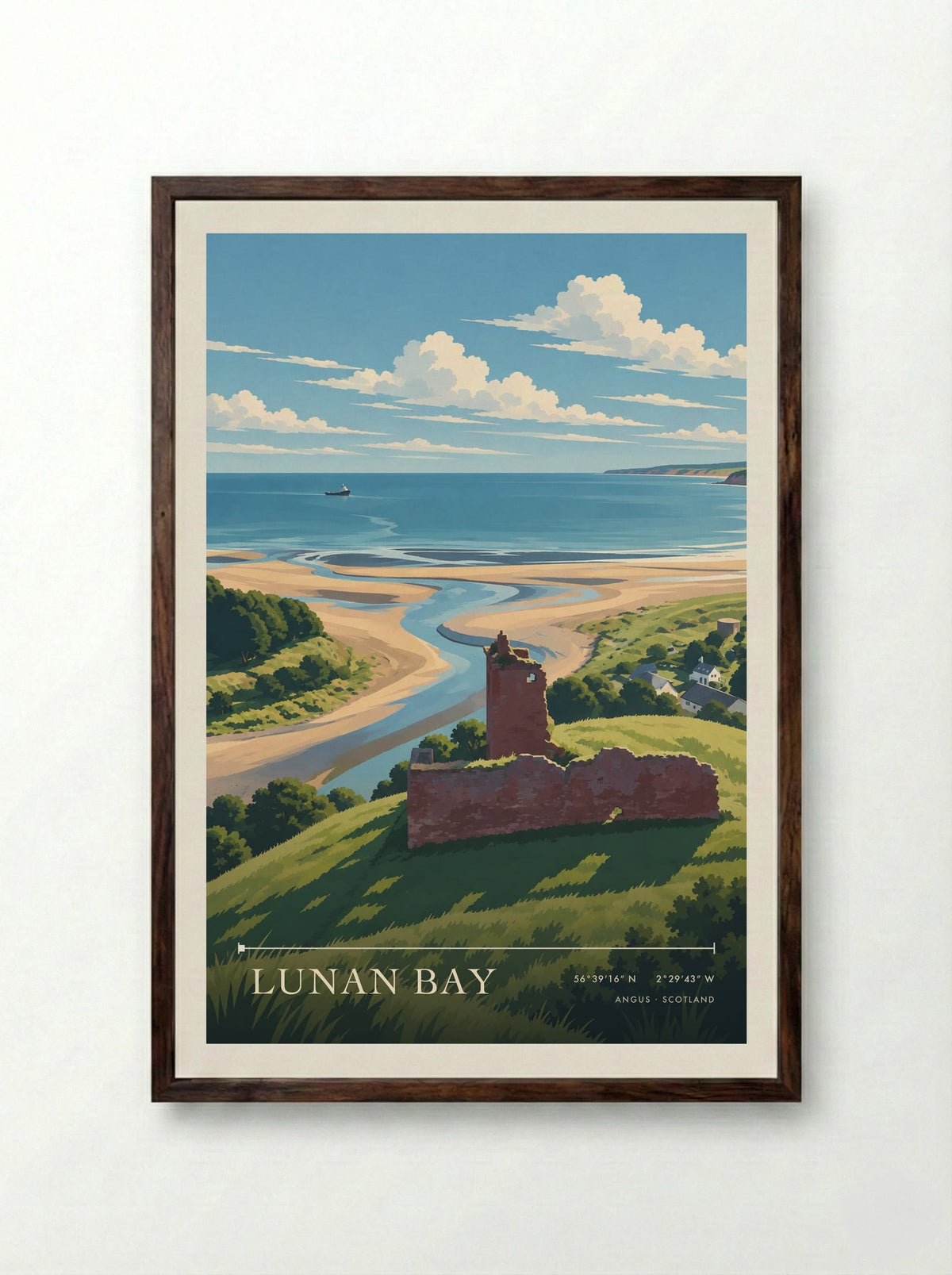 Lunan Bay, Angus | Travel Poster - Framed Print Dark Wood