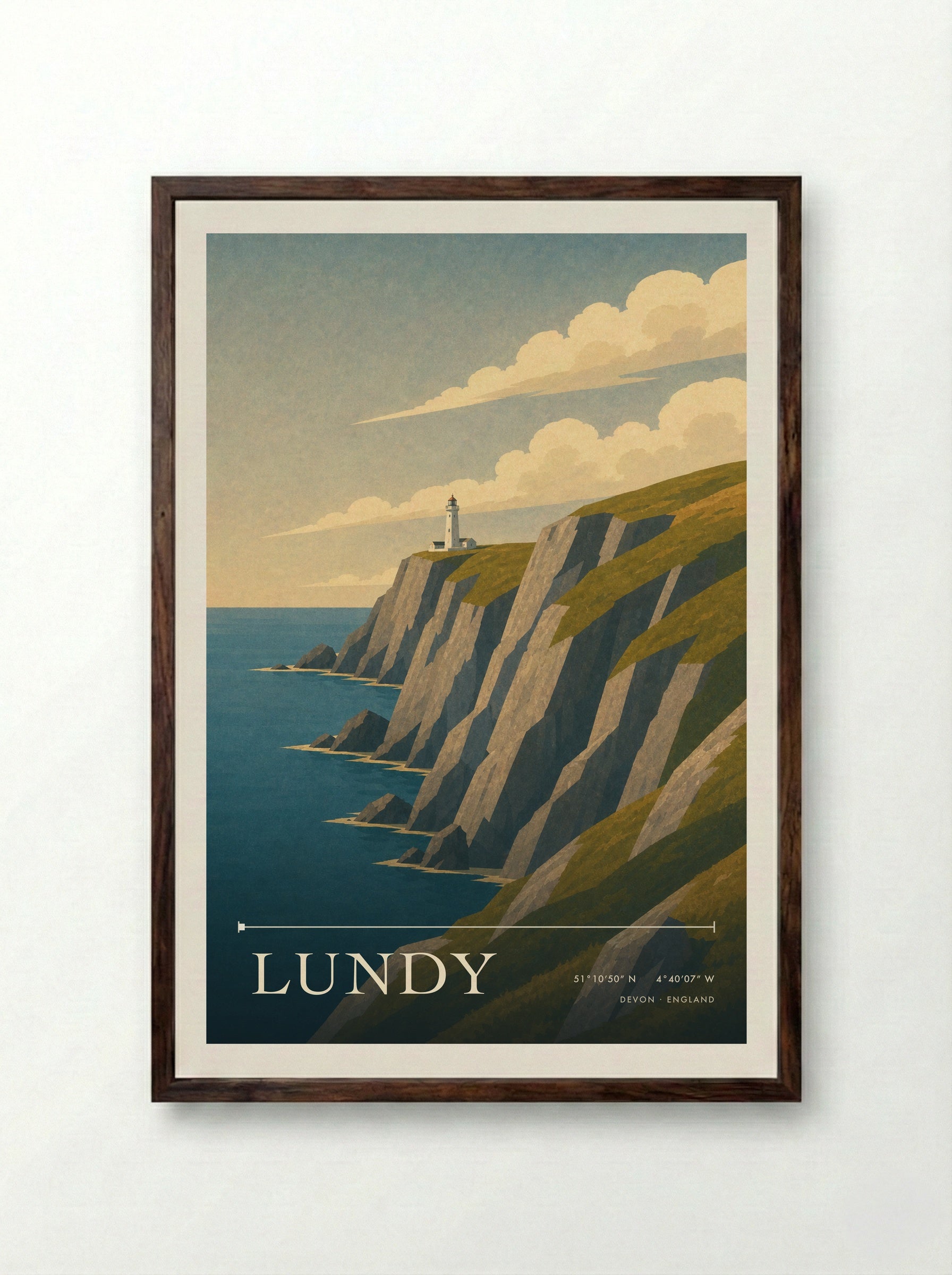 Lundy Devon England Travel Poster - Framed Print Dark Wood