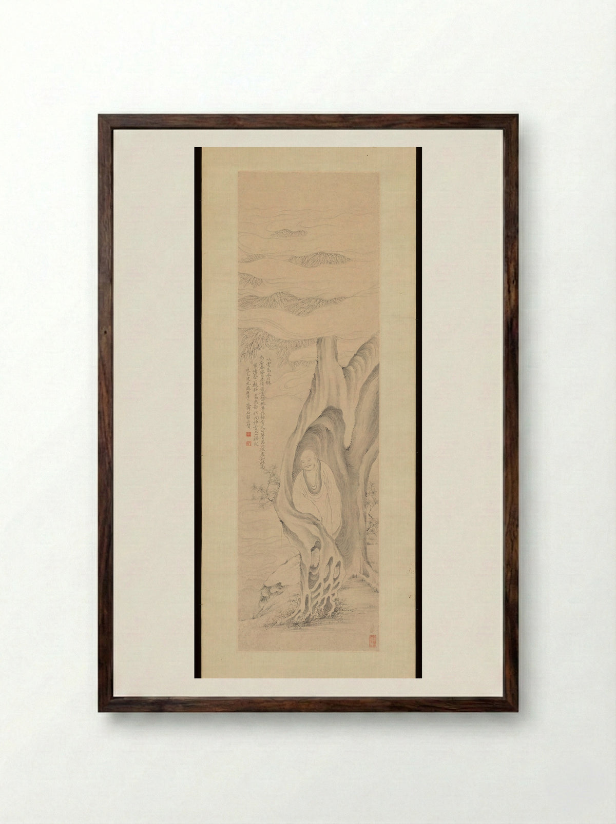Luohan Meditating in a Tree - Gai Qi - Framed Print Dark Wood