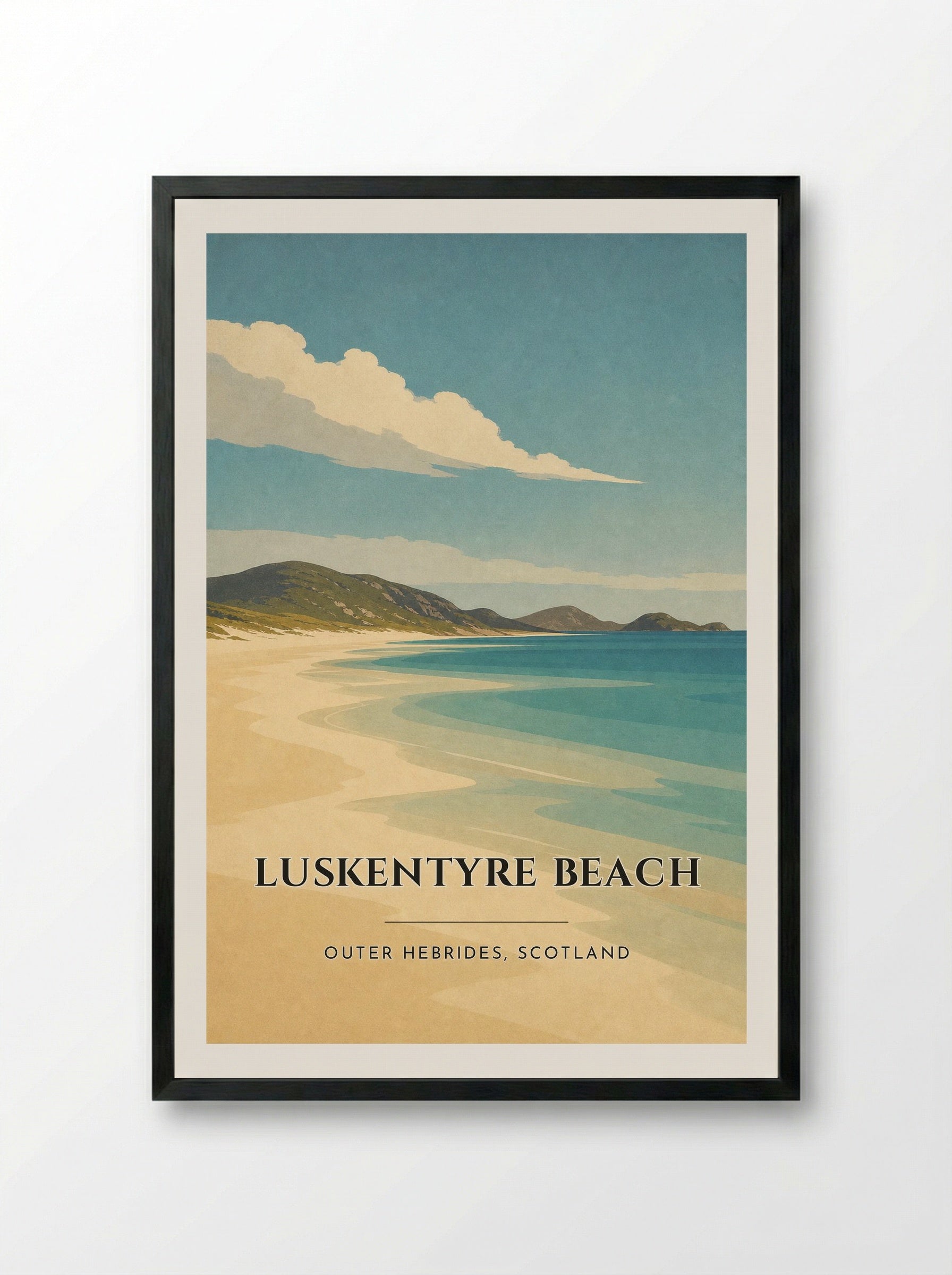 Luskentyre Beach Travel Poster Artwork - Framed Print Black