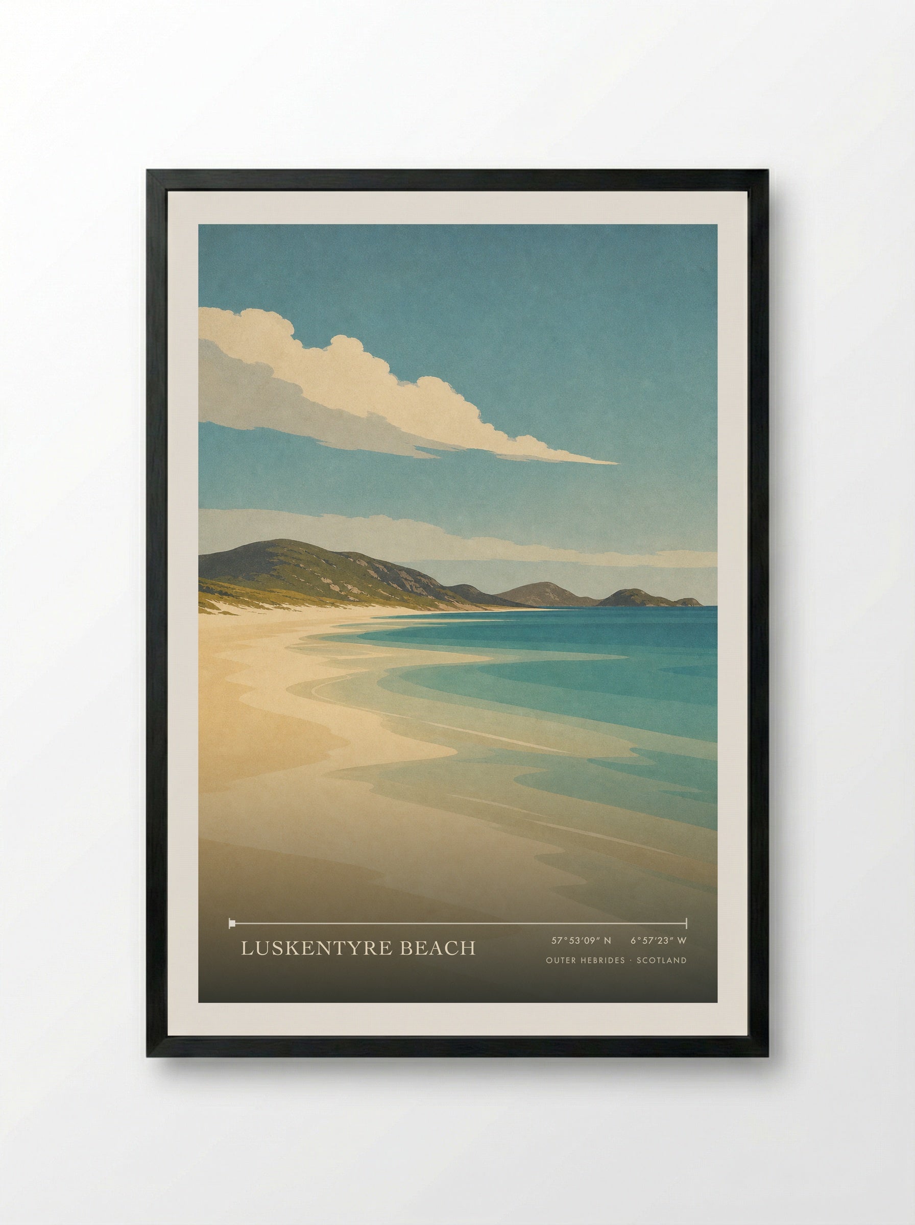 Luskentyre Beach Travel Poster Artwork - Framed Print Black