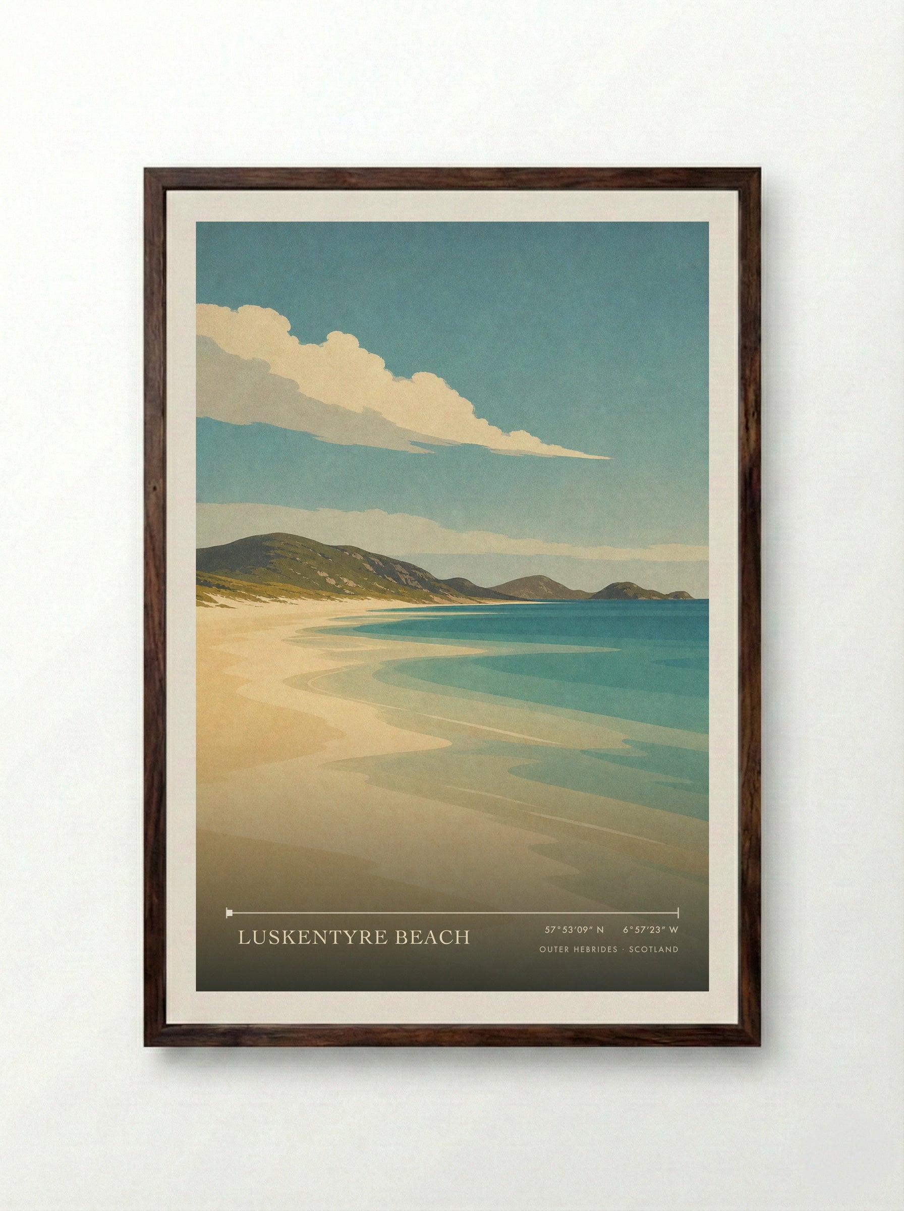 Luskentyre Beach Travel Poster Artwork - Framed Print Dark Wood