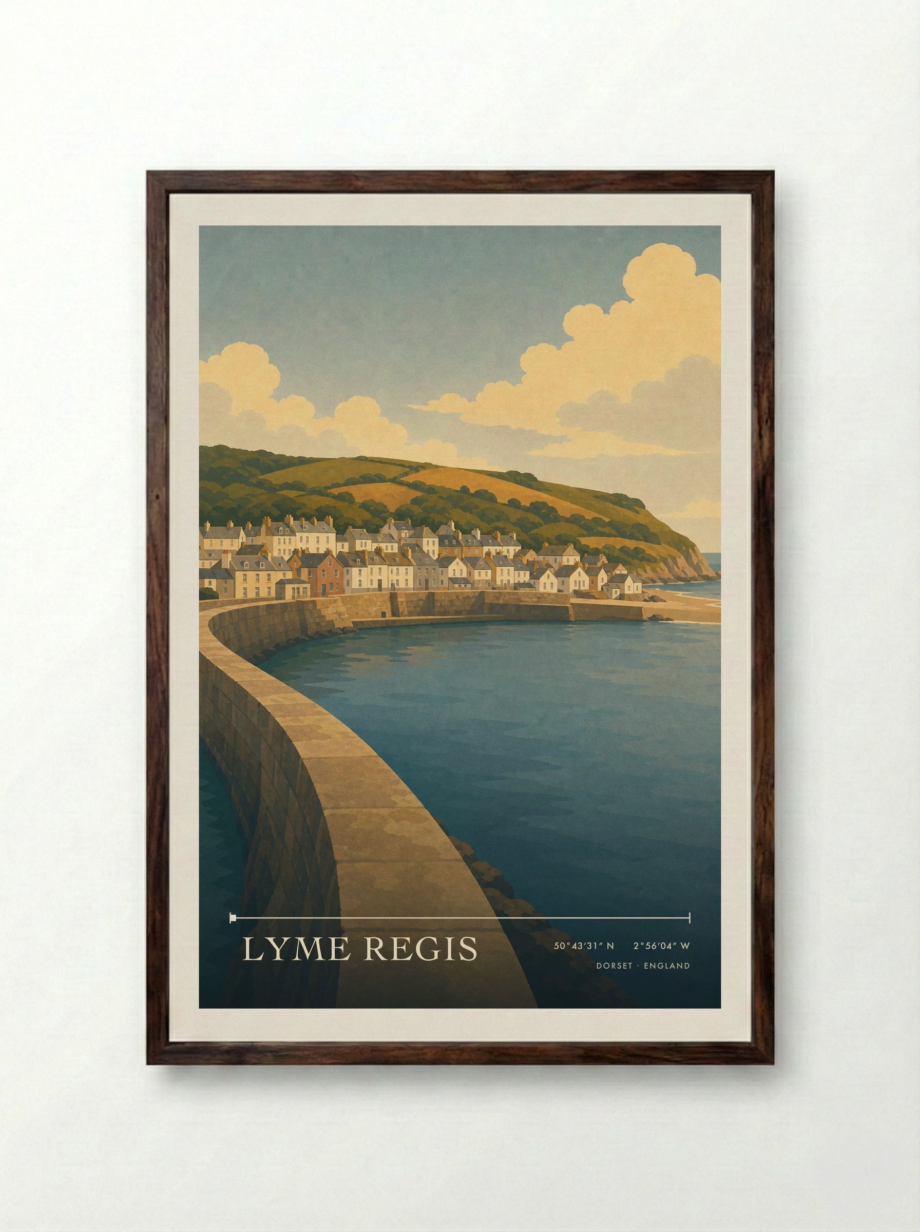 Lyme Regis Dorset Travel Poster - Framed Print Dark Wood