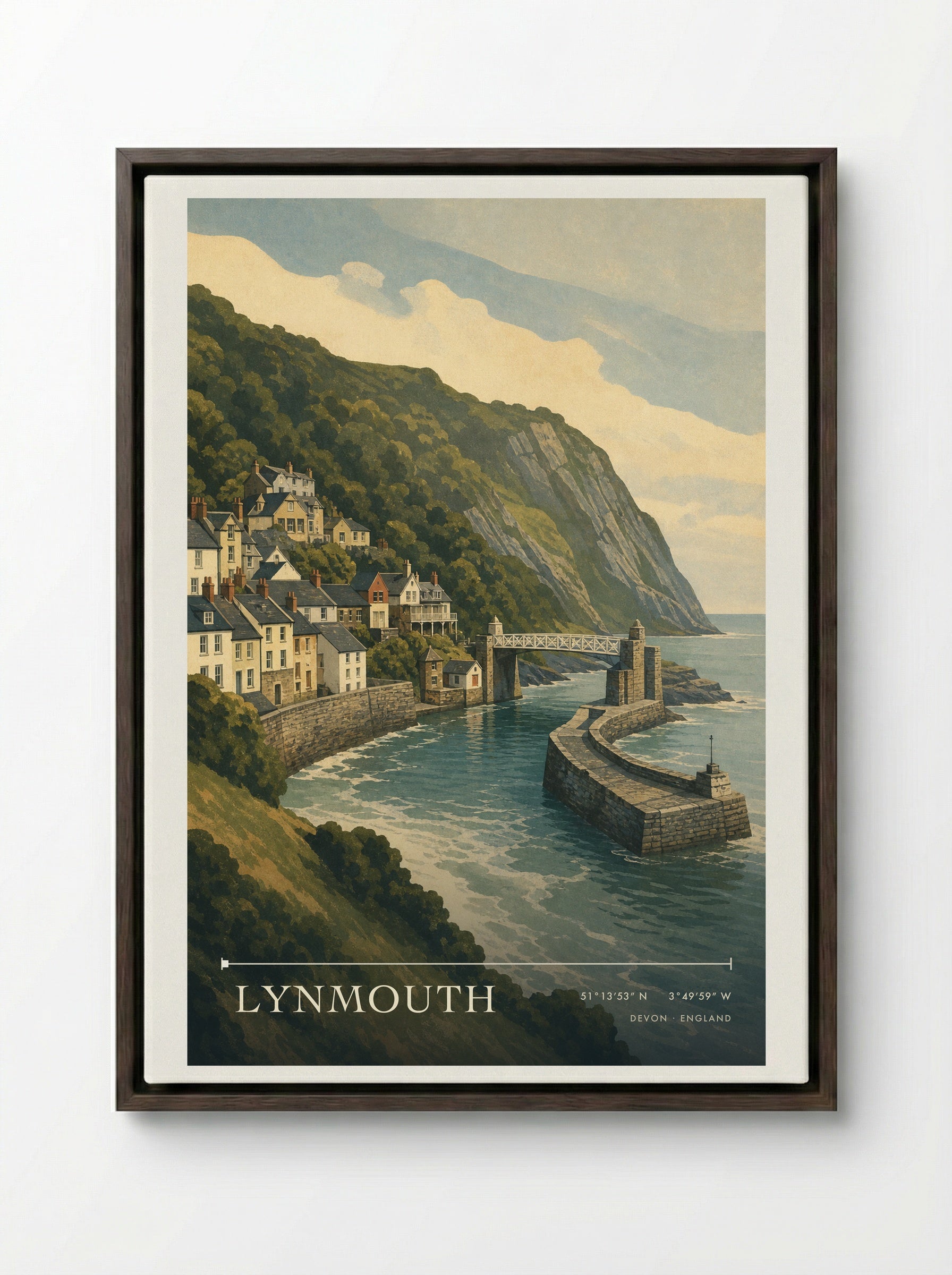 Lynmouth Devon England Travel Poster - Framed Canvas Dark Wood
