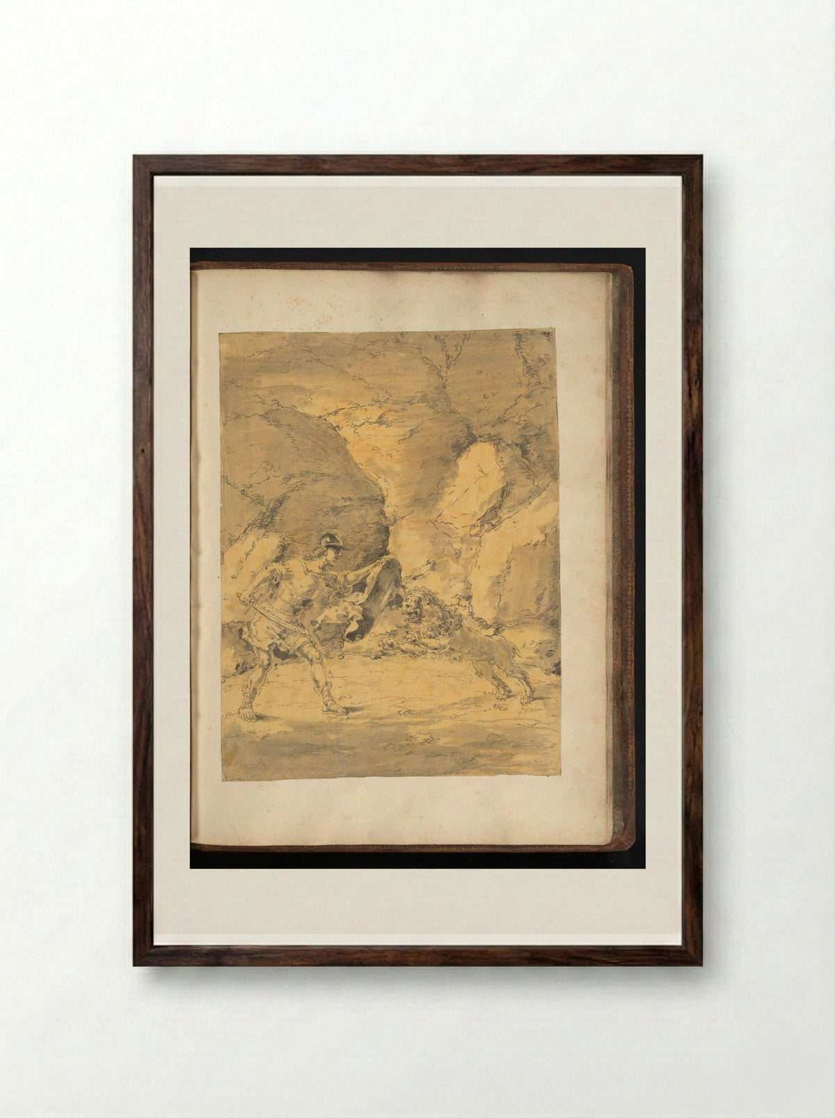 Lysimachus Fighting a Lion - Leonaert Bramer - Framed Print Dark Wood