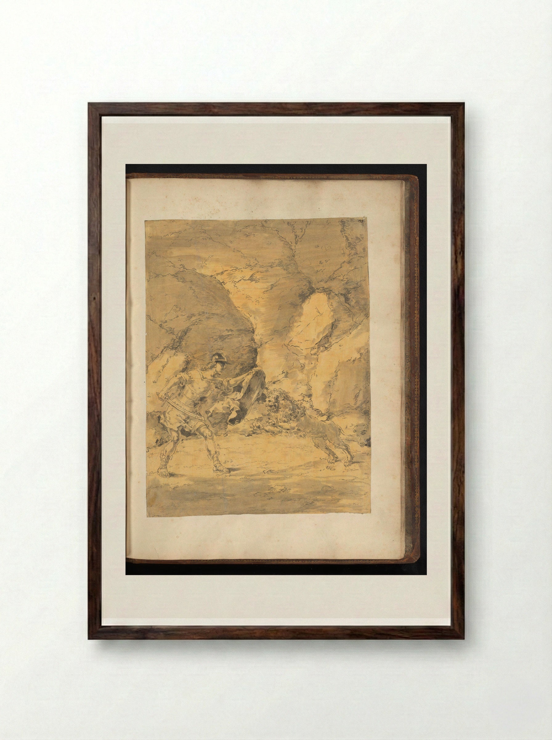 Lysimachus Fighting a Lion - Leonaert Bramer - Framed Print Dark Wood
