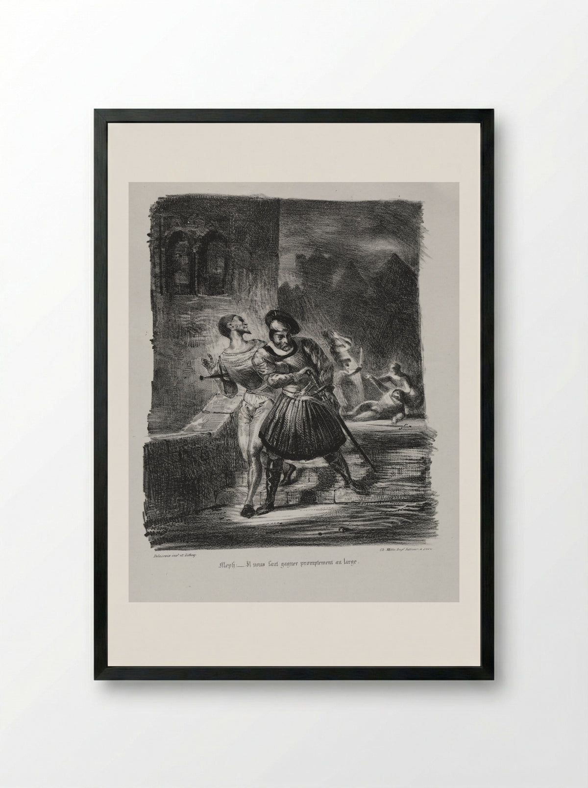 Méphistophélés and Faust flee after the duel - Eugène Delacroix - Framed Print Black
