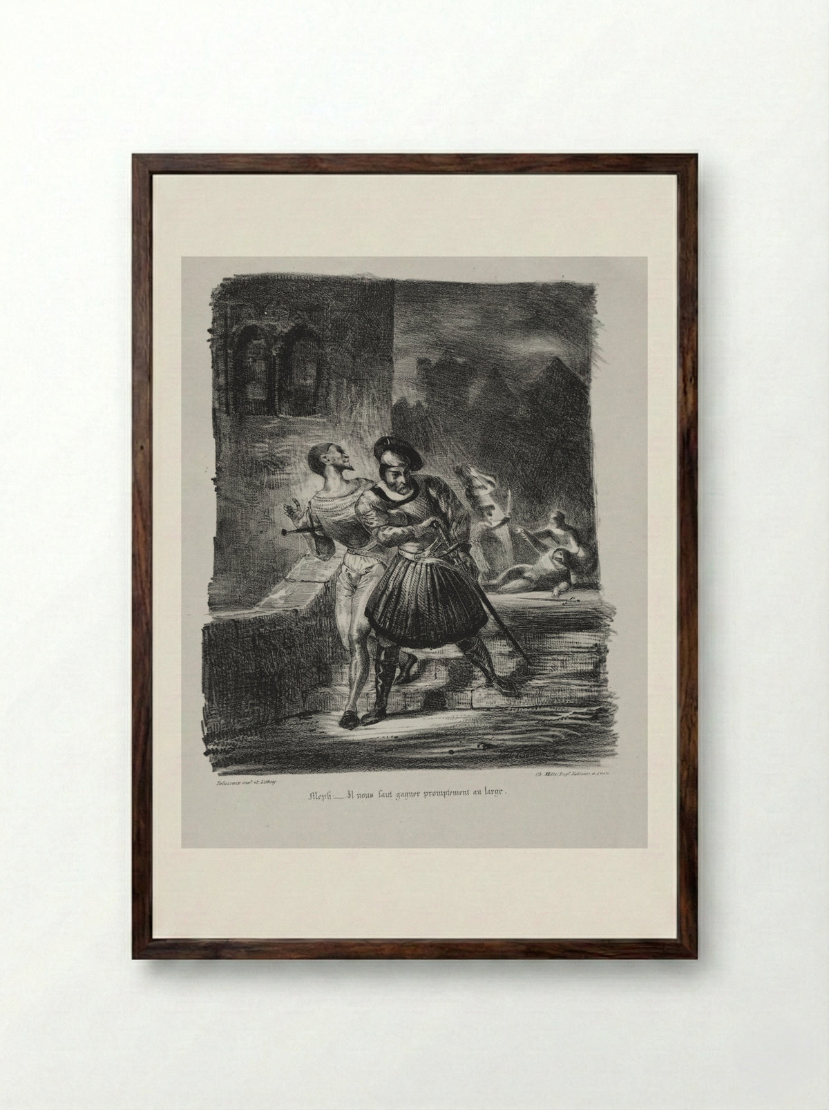 Méphistophélés and Faust flee after the duel - Eugène Delacroix - Framed Print Dark Wood