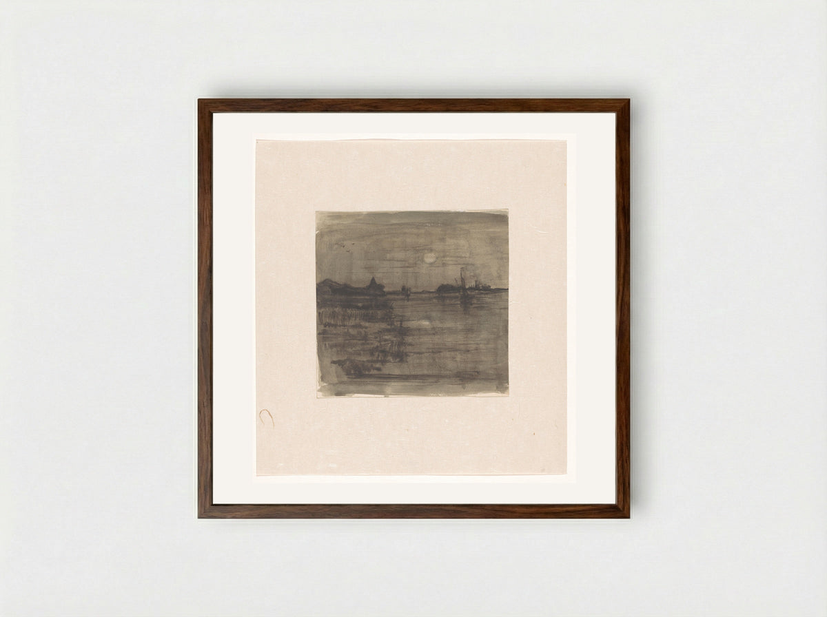 Maanlicht boven een plas - Jan Paul Valkema Blouw - Framed Print Dark Wood
