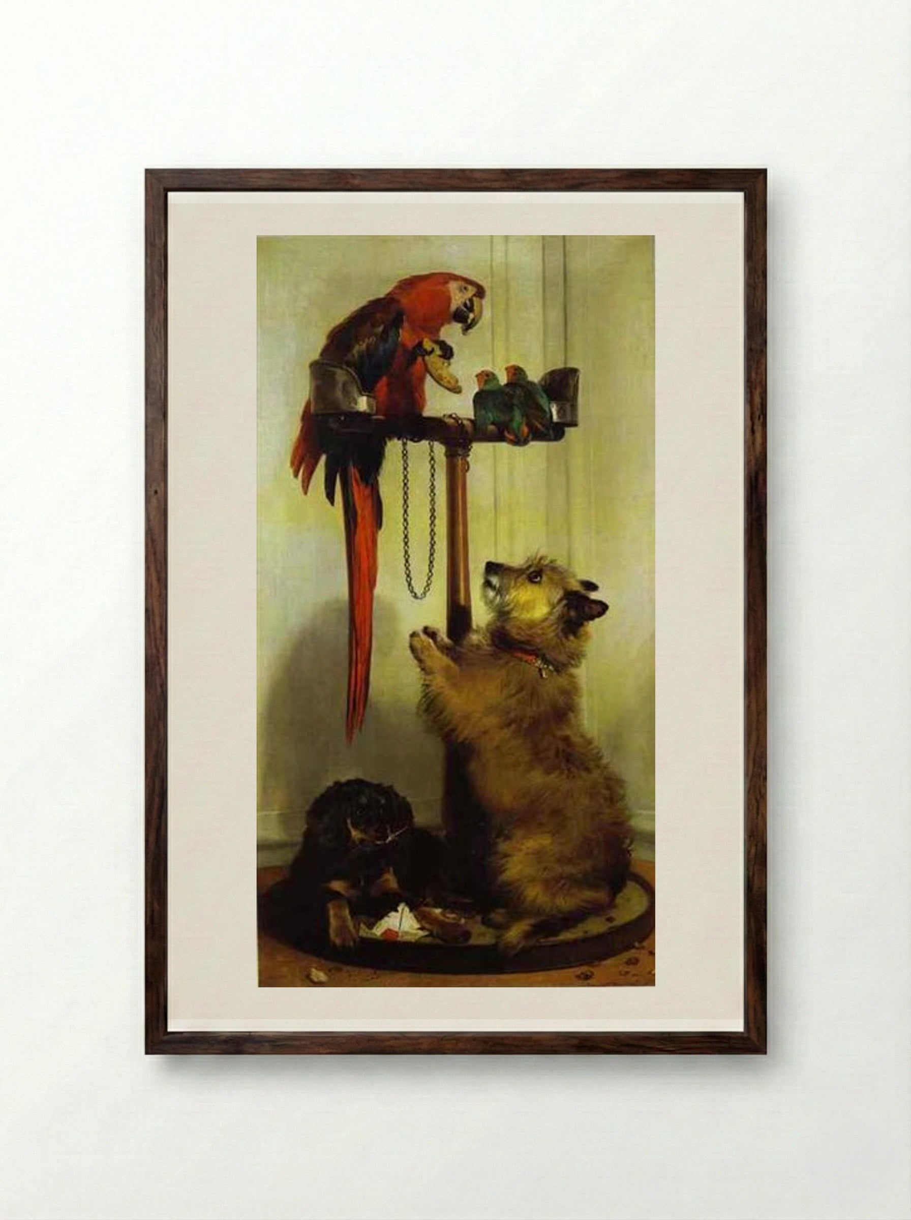 Macaw, Love Birds, Terrier, and Spaniel Puppies, Belonging to Her Majesty - Edwin Henry Landseer - Framed Print Dark Wood