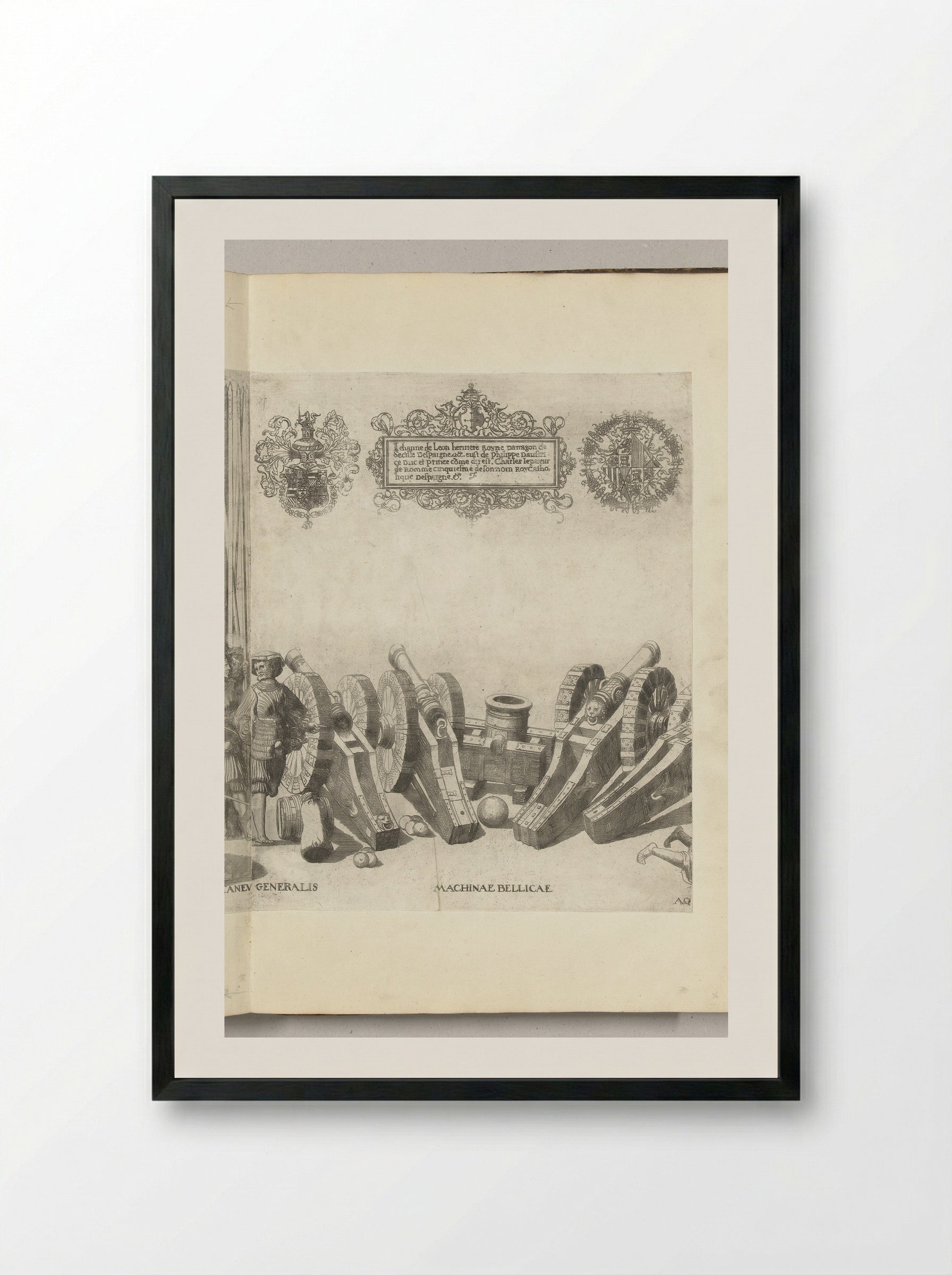Machinae Bellicae (Artillery and Heraldry) - Nicolaas Hogenberg - Framed Print Black