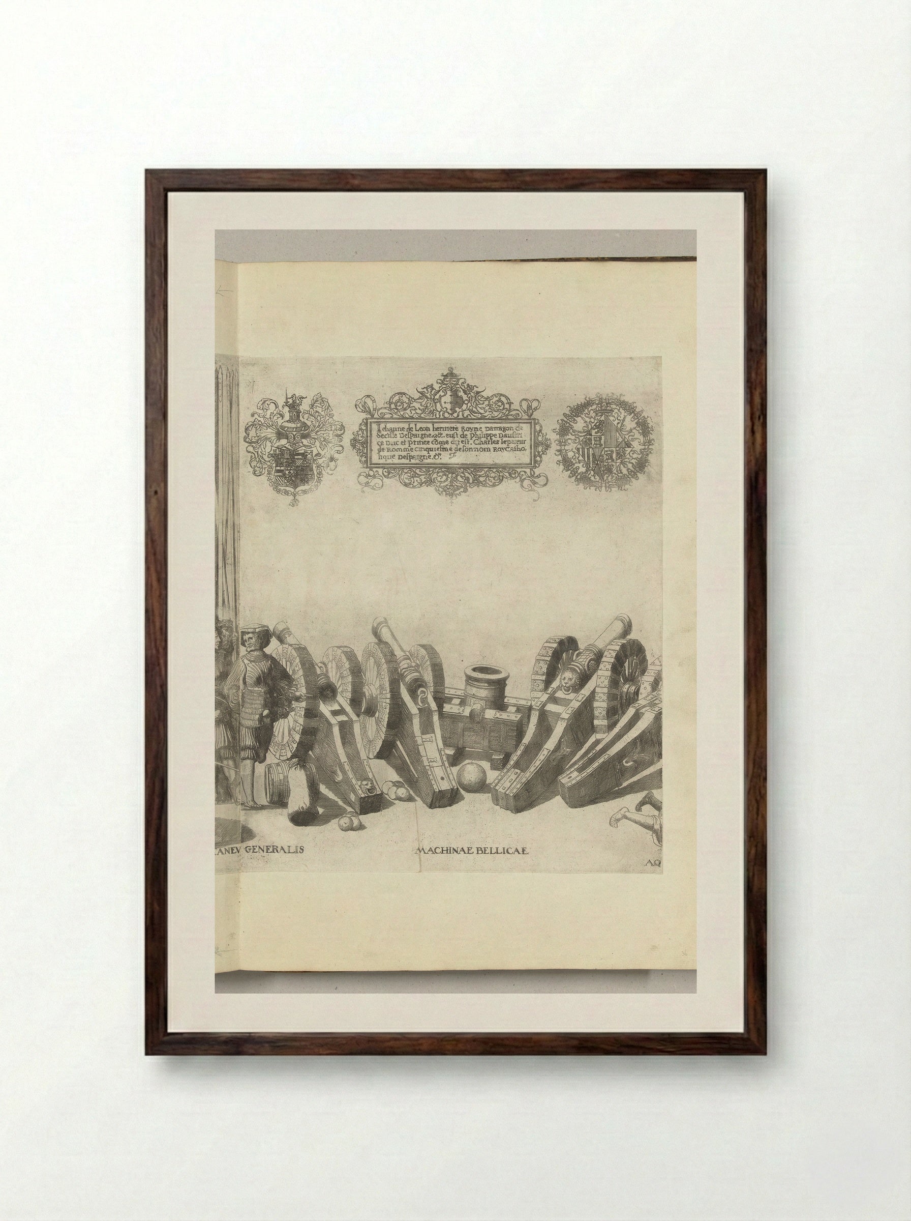 Machinae Bellicae (Artillery and Heraldry) - Nicolaas Hogenberg - Framed Print Dark Wood