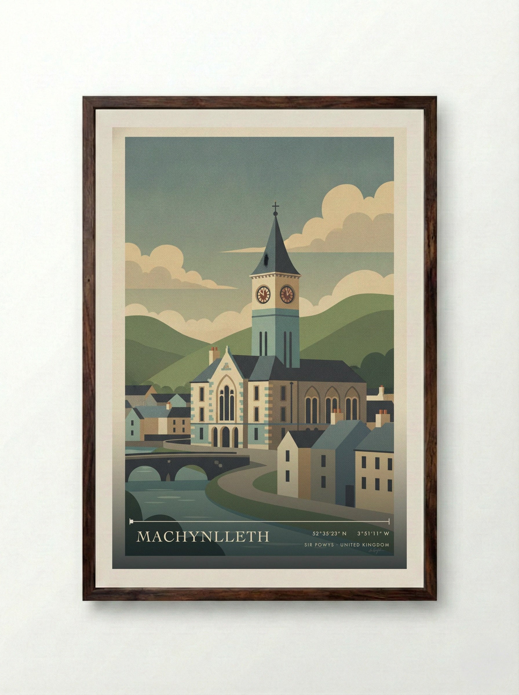 Machynlleth Sir Powys United Kingdom Travel Poster - Framed Print Dark Wood