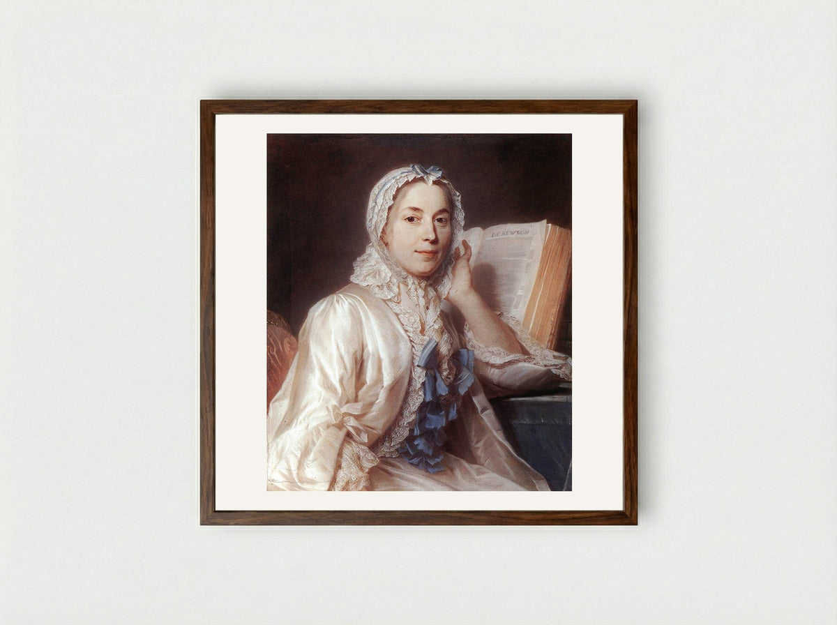 Mademoiselle Ferrand meditating on Newton - Maurice Quentin de La Tour - Framed Print Dark Wood