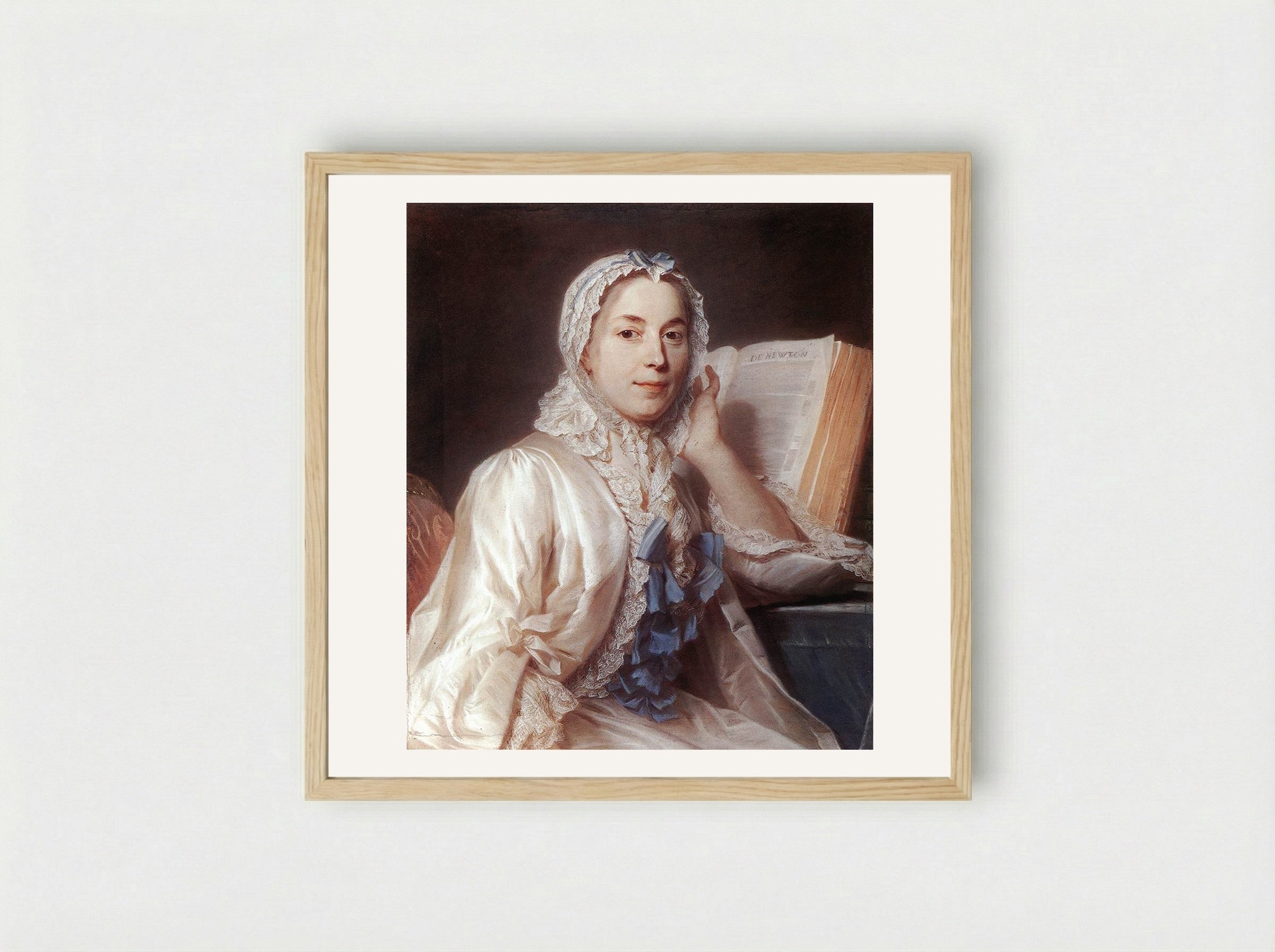 Mademoiselle Ferrand meditating on Newton - Maurice Quentin de La Tour - Framed Print Wood