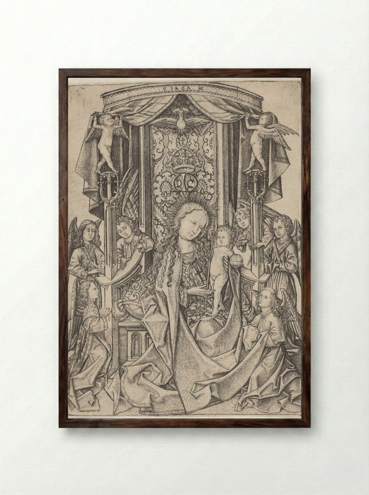 Madonna Enthroned with Eight Angels - Master ES - Framed Print Dark Wood