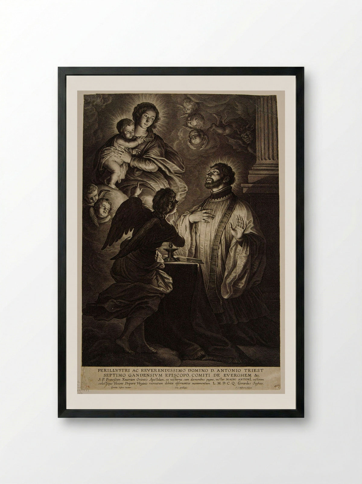 Madonna and Child Appearing to Saint Francis Xavier - Schelte Adamsz. Bolswert - Framed Print Black
