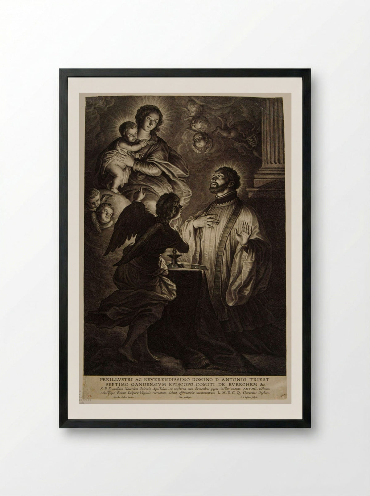 Madonna and Child Appearing to Saint Francis Xavier - Schelte Adamsz. Bolswert - Framed Print Black
