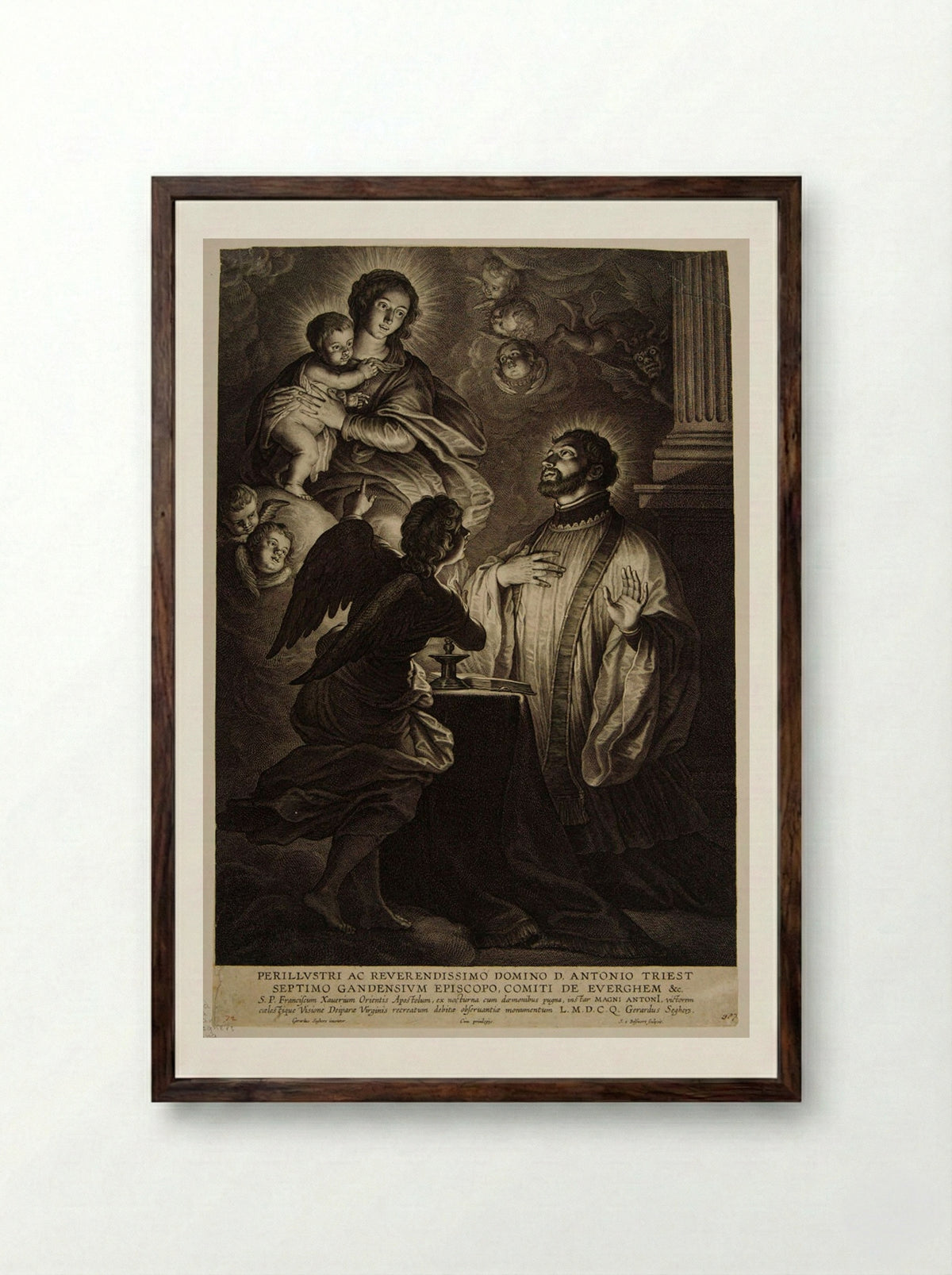 Madonna and Child Appearing to Saint Francis Xavier - Schelte Adamsz. Bolswert - Framed Print Dark Wood