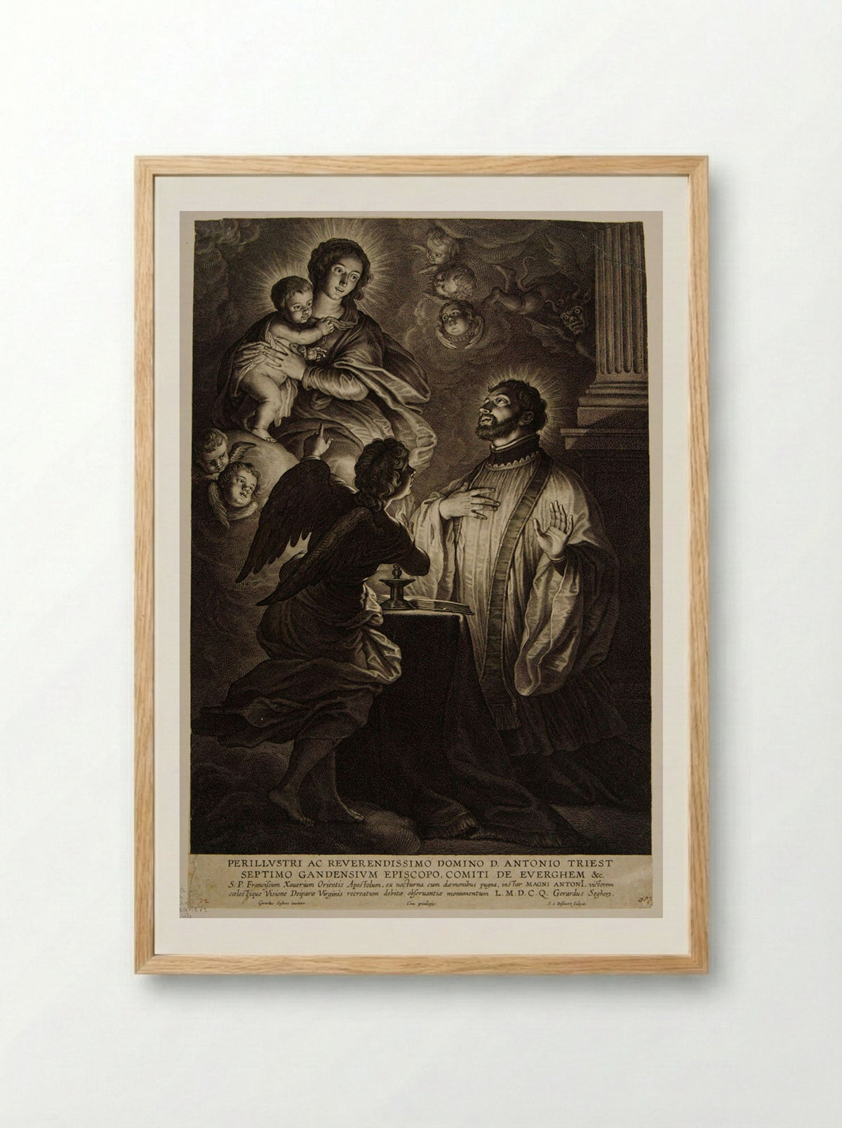 Madonna and Child Appearing to Saint Francis Xavier - Schelte Adamsz. Bolswert - Framed Print Wood