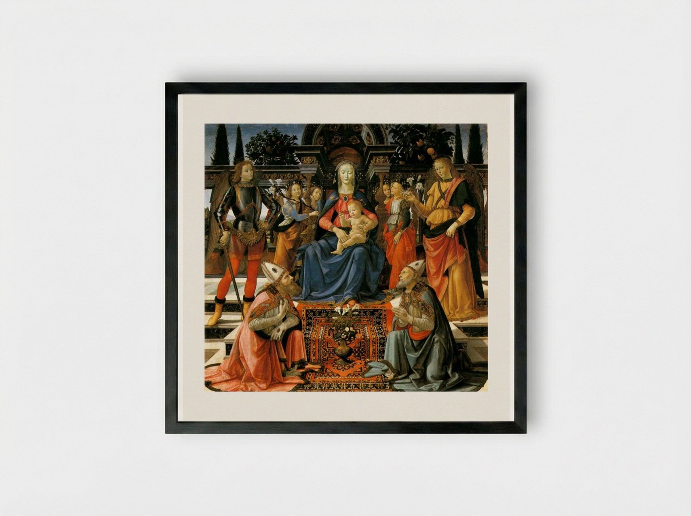 Madonna and Child Enthroned with Four Angels, the Archangels Michael and Raphael, and St. Justus and St. Zenobius - Domenico Ghirlandaio - Framed Print Black