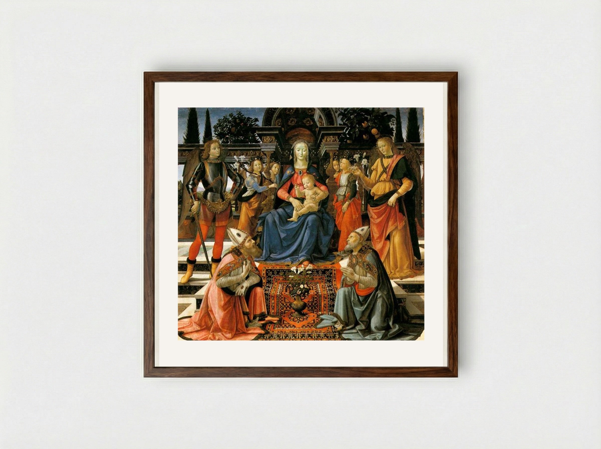 Madonna and Child Enthroned with Four Angels, the Archangels Michael and Raphael, and St. Justus and St. Zenobius - Domenico Ghirlandaio - Framed Print Dark Wood