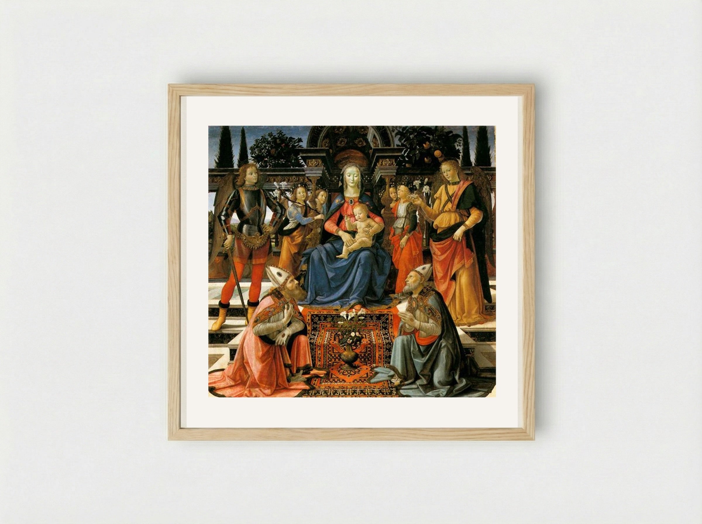 Madonna and Child Enthroned with Four Angels, the Archangels Michael and Raphael, and St. Justus and St. Zenobius - Domenico Ghirlandaio - Framed Print Wood