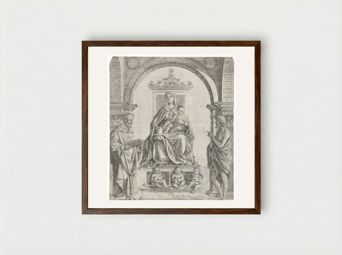 Madonna and Child Enthroned with Saints Peter and John the Baptist - Girolamo Mocetto - Framed Print Dark Wood