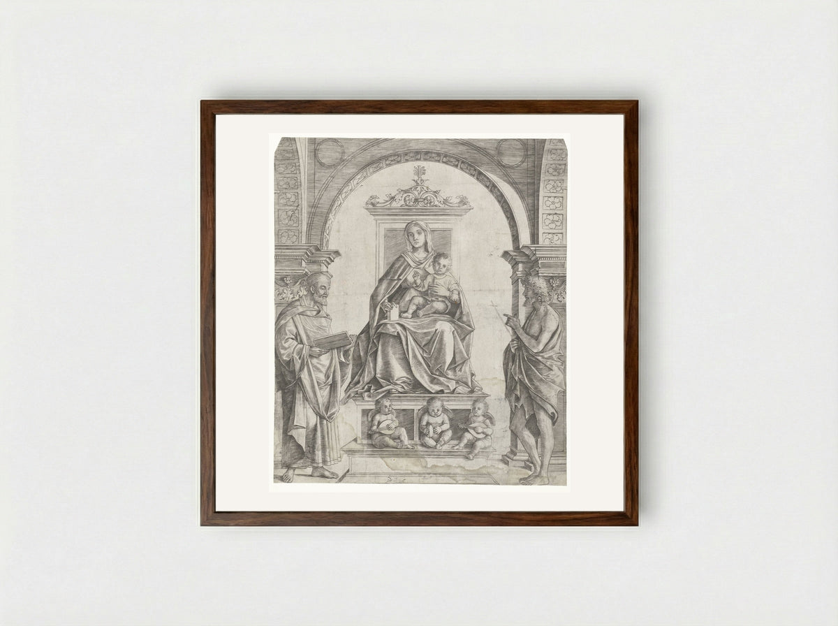 Madonna and Child Enthroned with Saints Peter and John the Baptist - Girolamo Mocetto - Framed Print Dark Wood