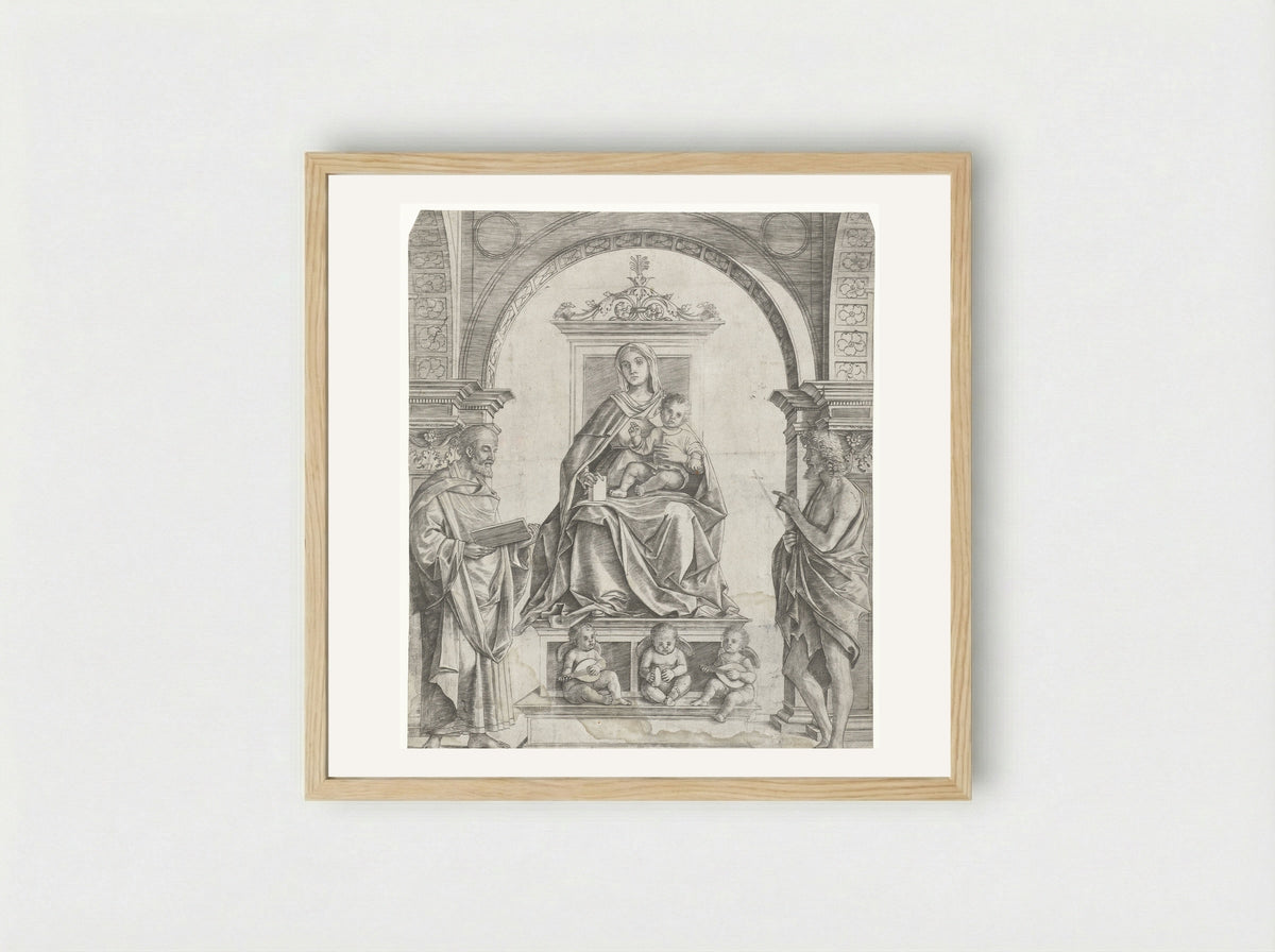 Madonna and Child Enthroned with Saints Peter and John the Baptist - Girolamo Mocetto - Framed Print Wood