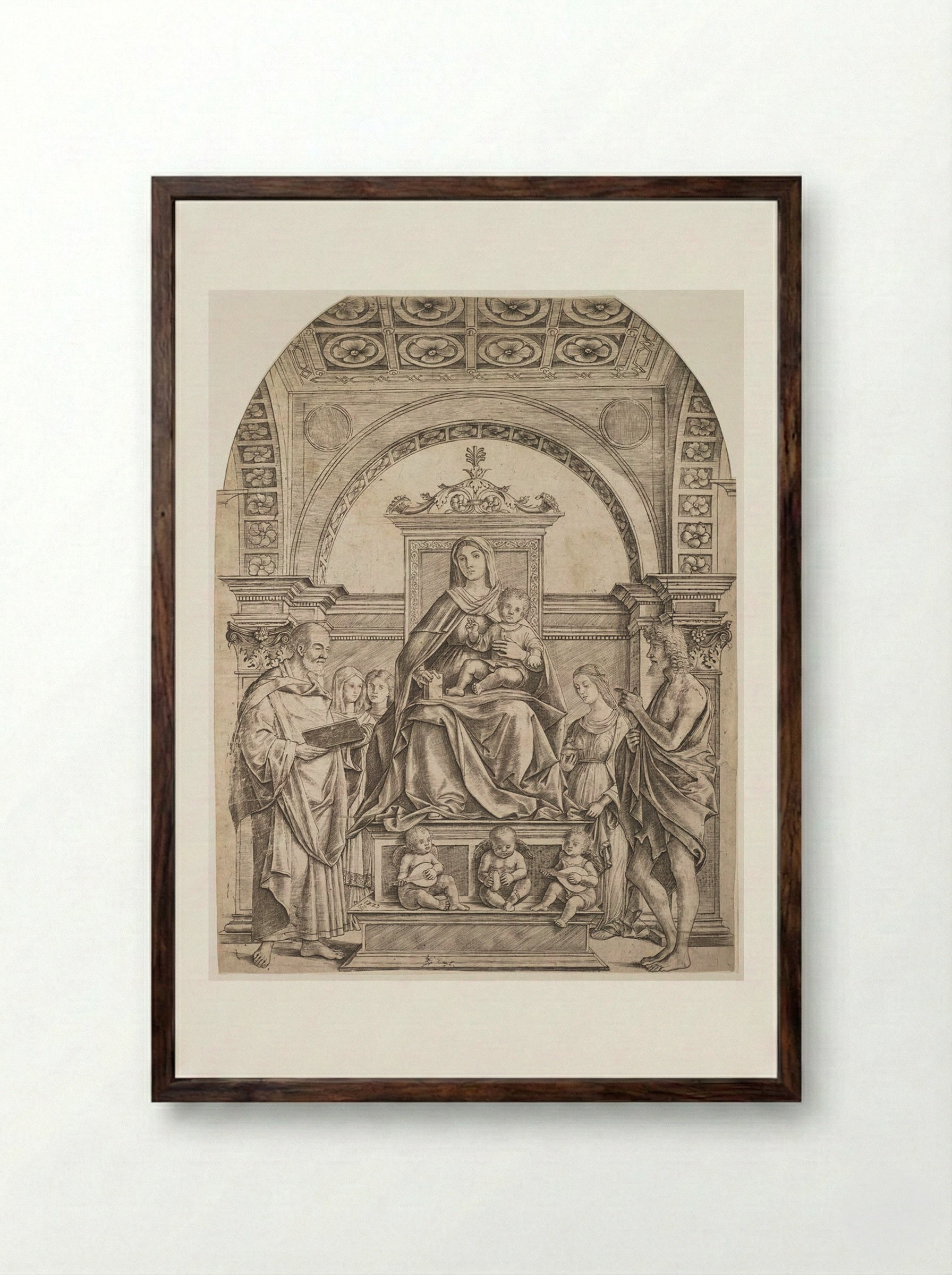 Madonna and Child Enthroned with Saints and Angels - Girolamo Mocetto - Framed Print Dark Wood