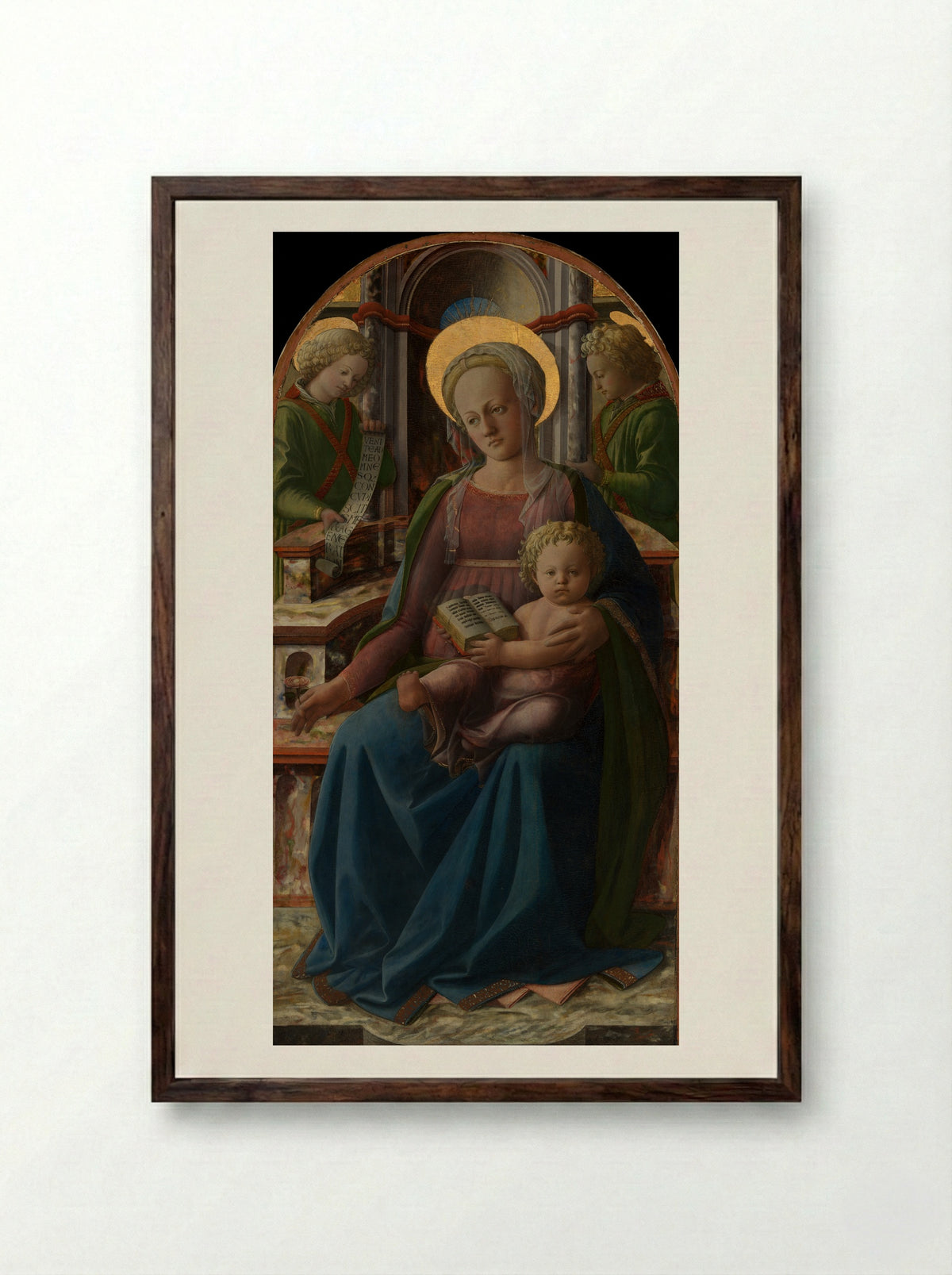 Madonna and Child Enthroned with Two Angels - Fra Filippo Lippi - Framed Print Dark Wood