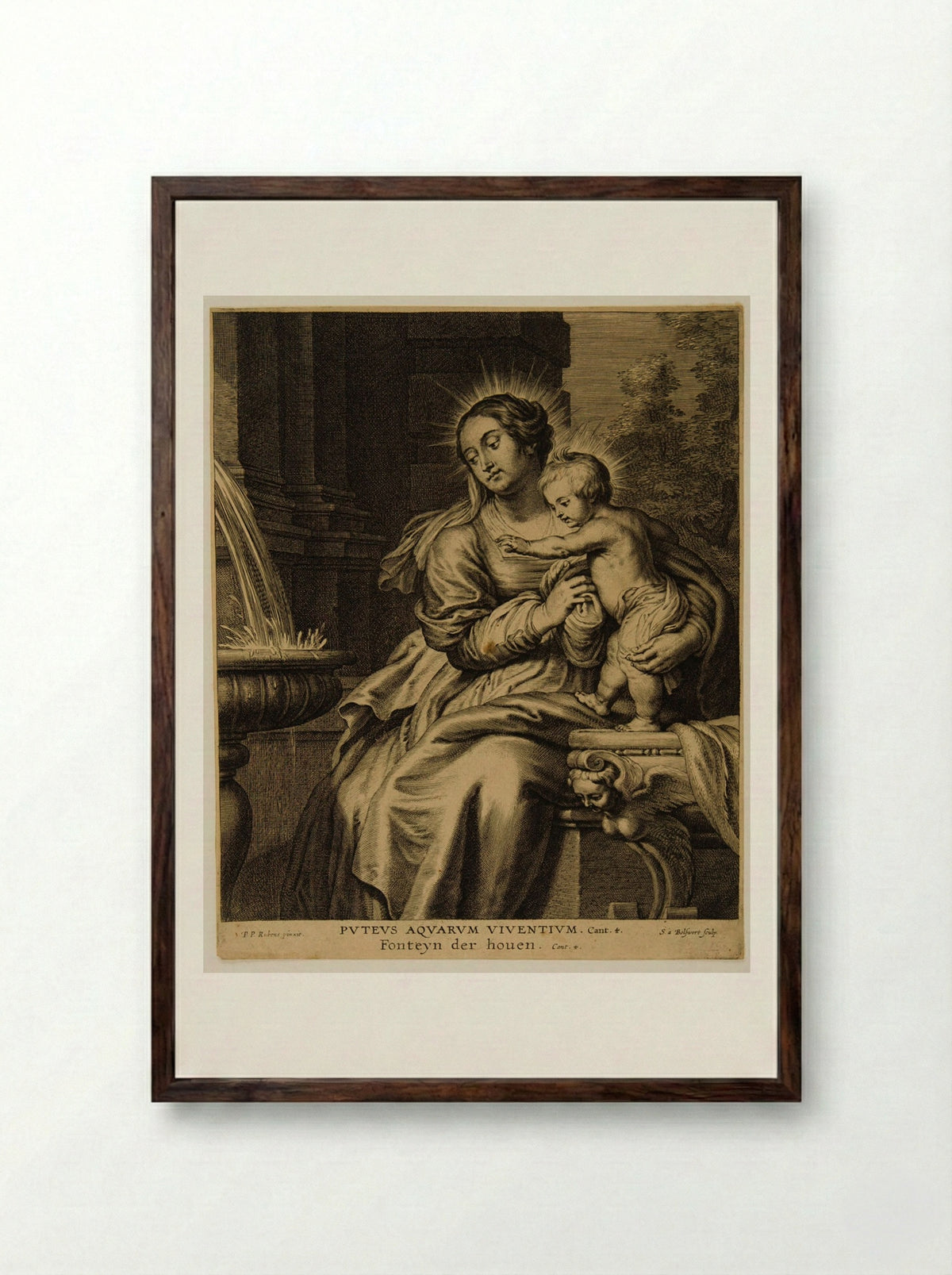 Madonna and Child by the Fountain - Schelte Adamsz. Bolswert - Framed Print Dark Wood