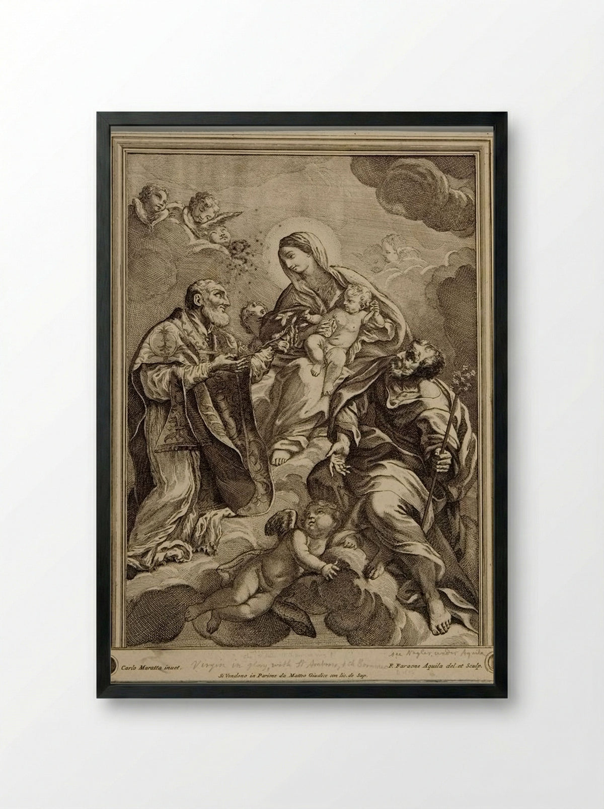 Madonna and Child in Clouds with Saints - Francesco Faraone Aquila - Framed Print Black