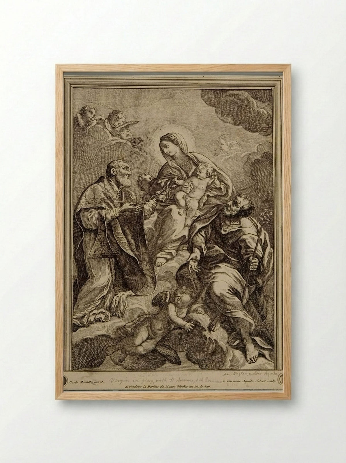 Madonna and Child in Clouds with Saints - Francesco Faraone Aquila - Framed Print Wood