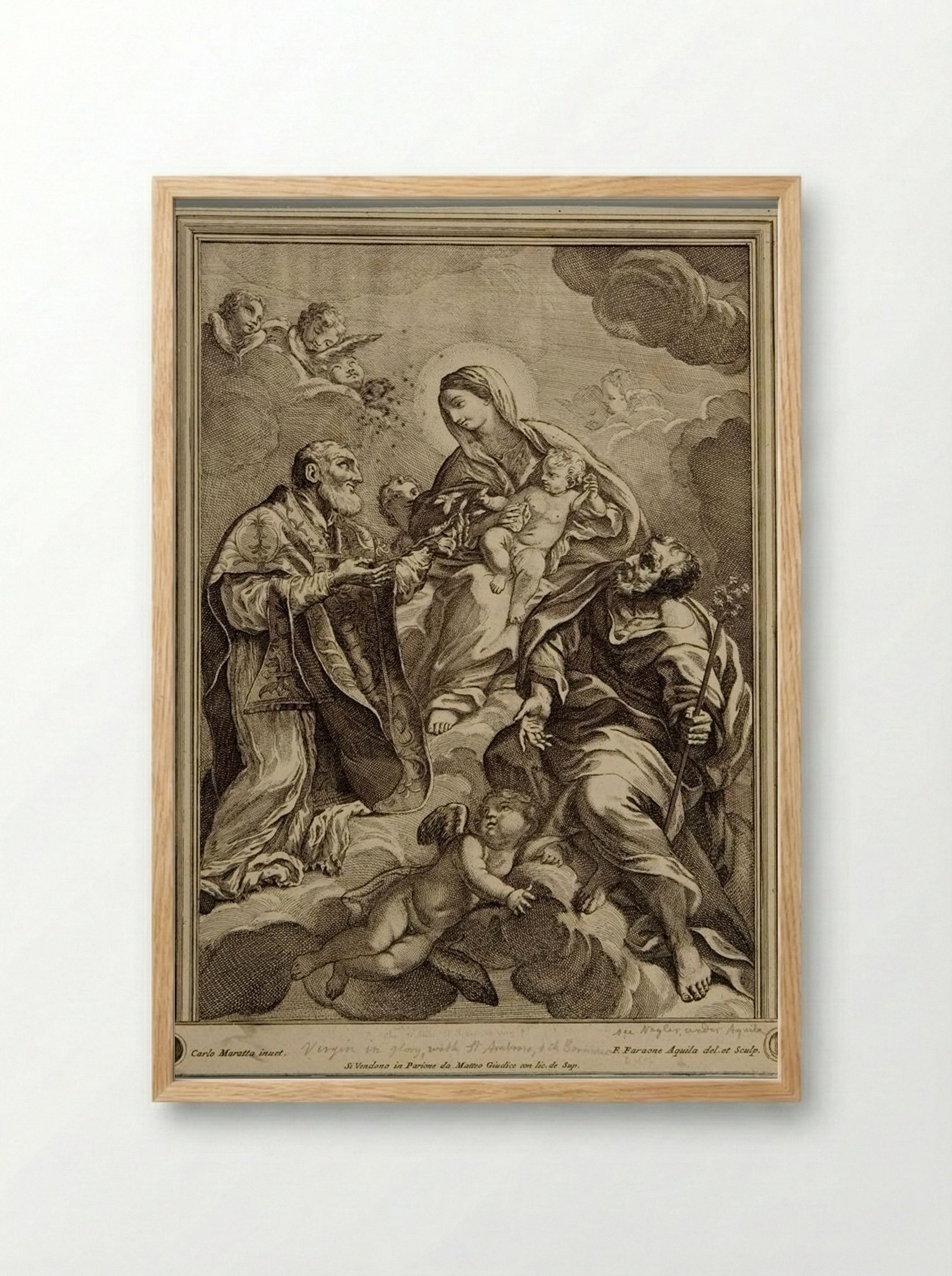 Madonna and Child in Clouds with Saints - Francesco Faraone Aquila - Framed Print Wood