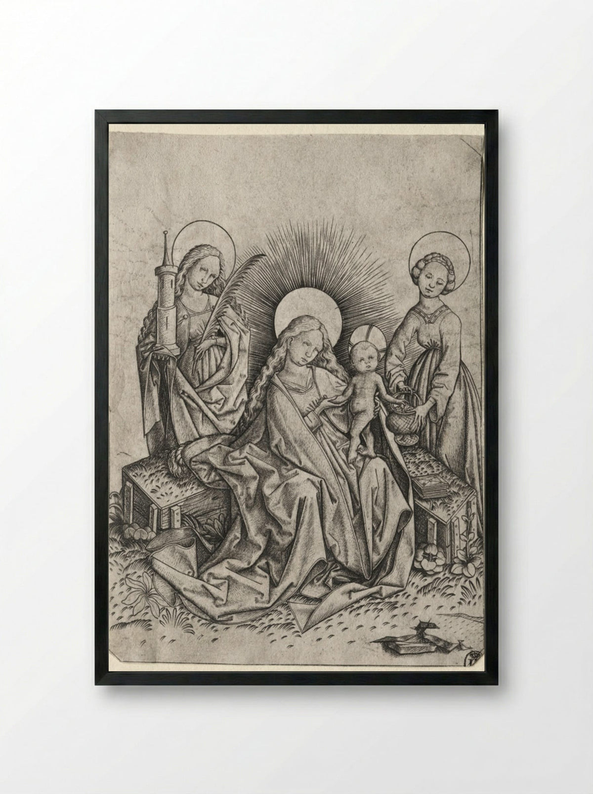 Madonna and Child in a Garden between St. Barbara and St. Dorothy - Master ES - Framed Print Black