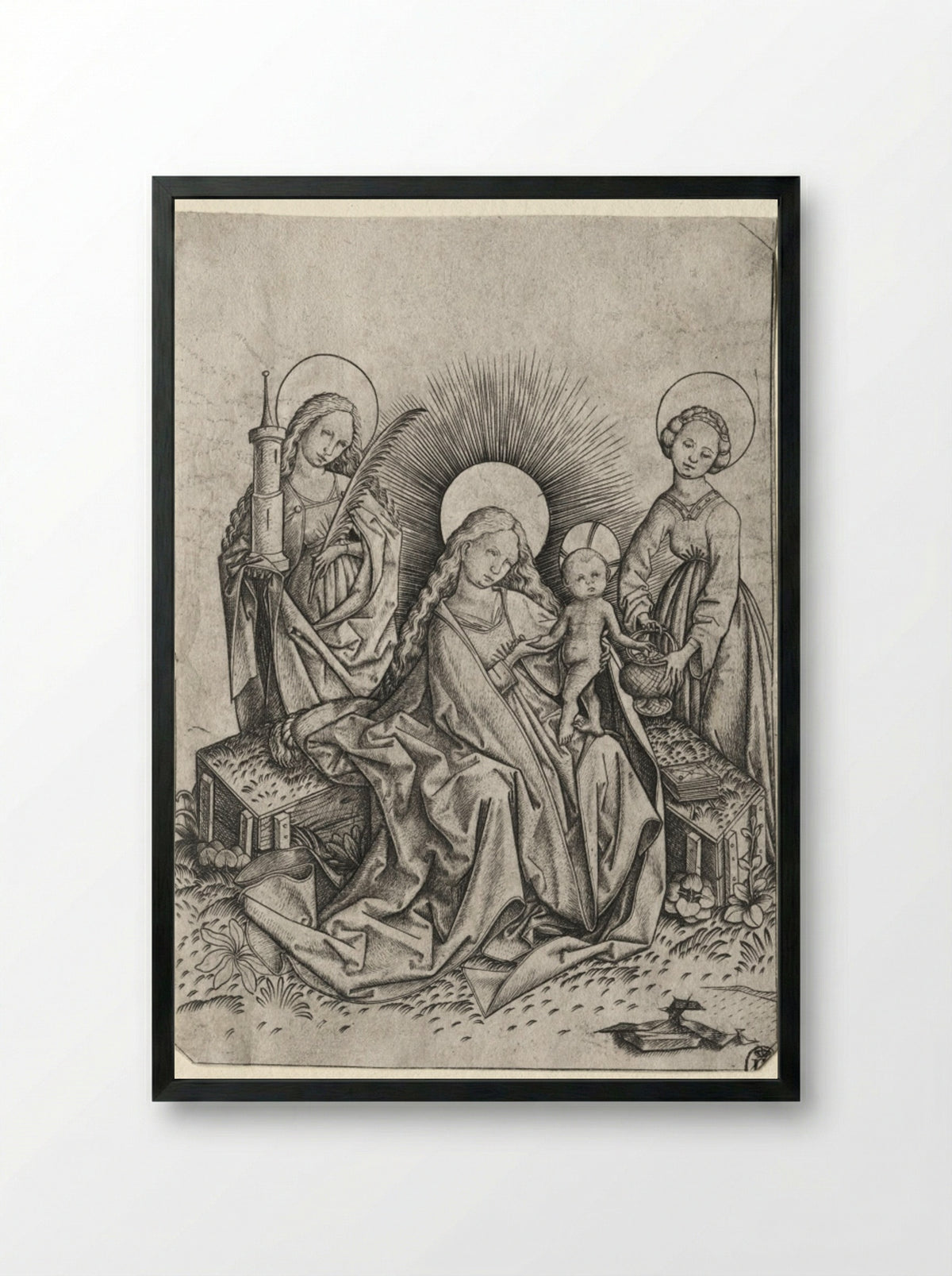 Madonna and Child in a Garden between St. Barbara and St. Dorothy - Master ES - Framed Print Black