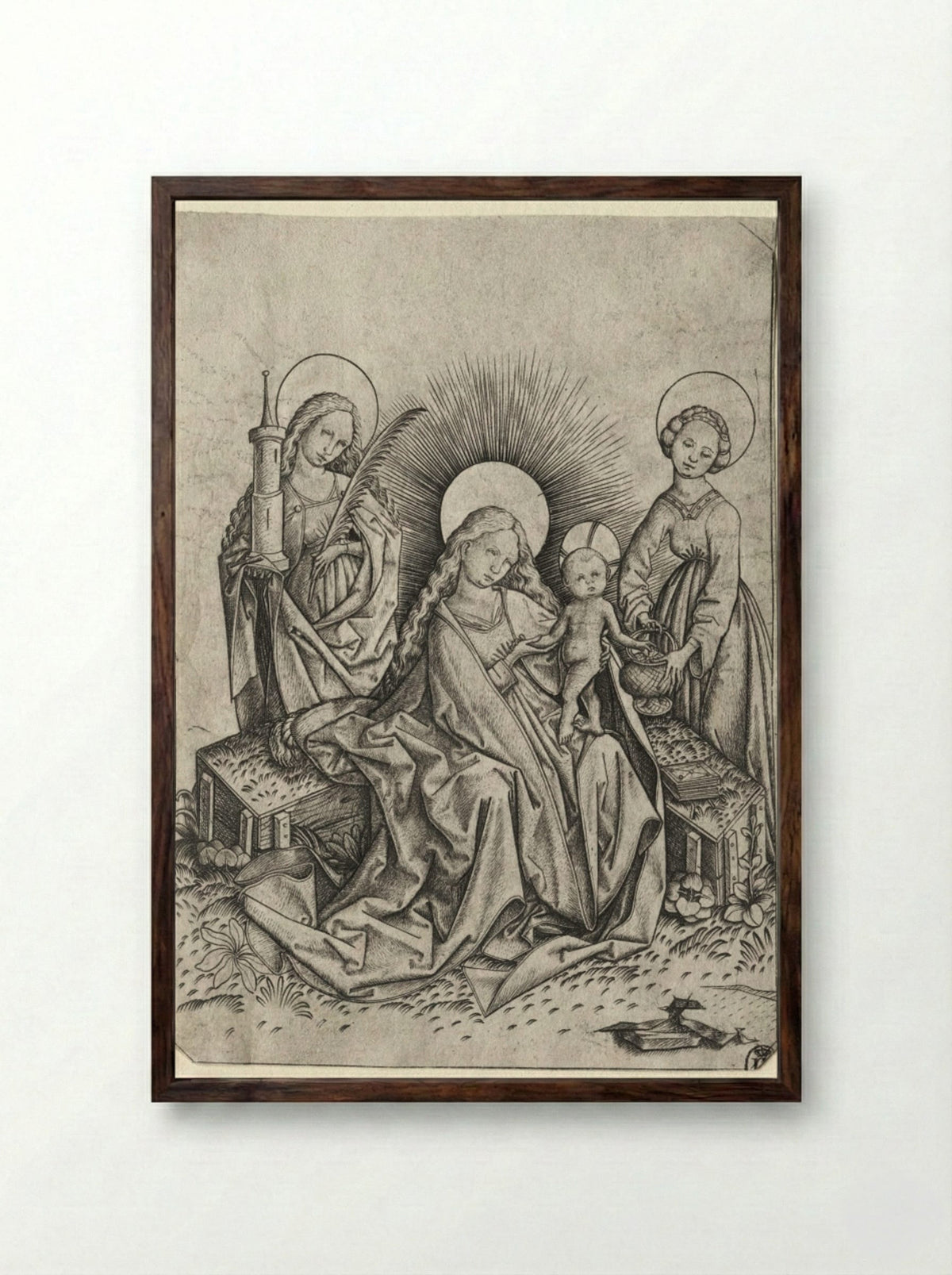 Madonna and Child in a Garden between St. Barbara and St. Dorothy - Master ES - Framed Print Dark Wood