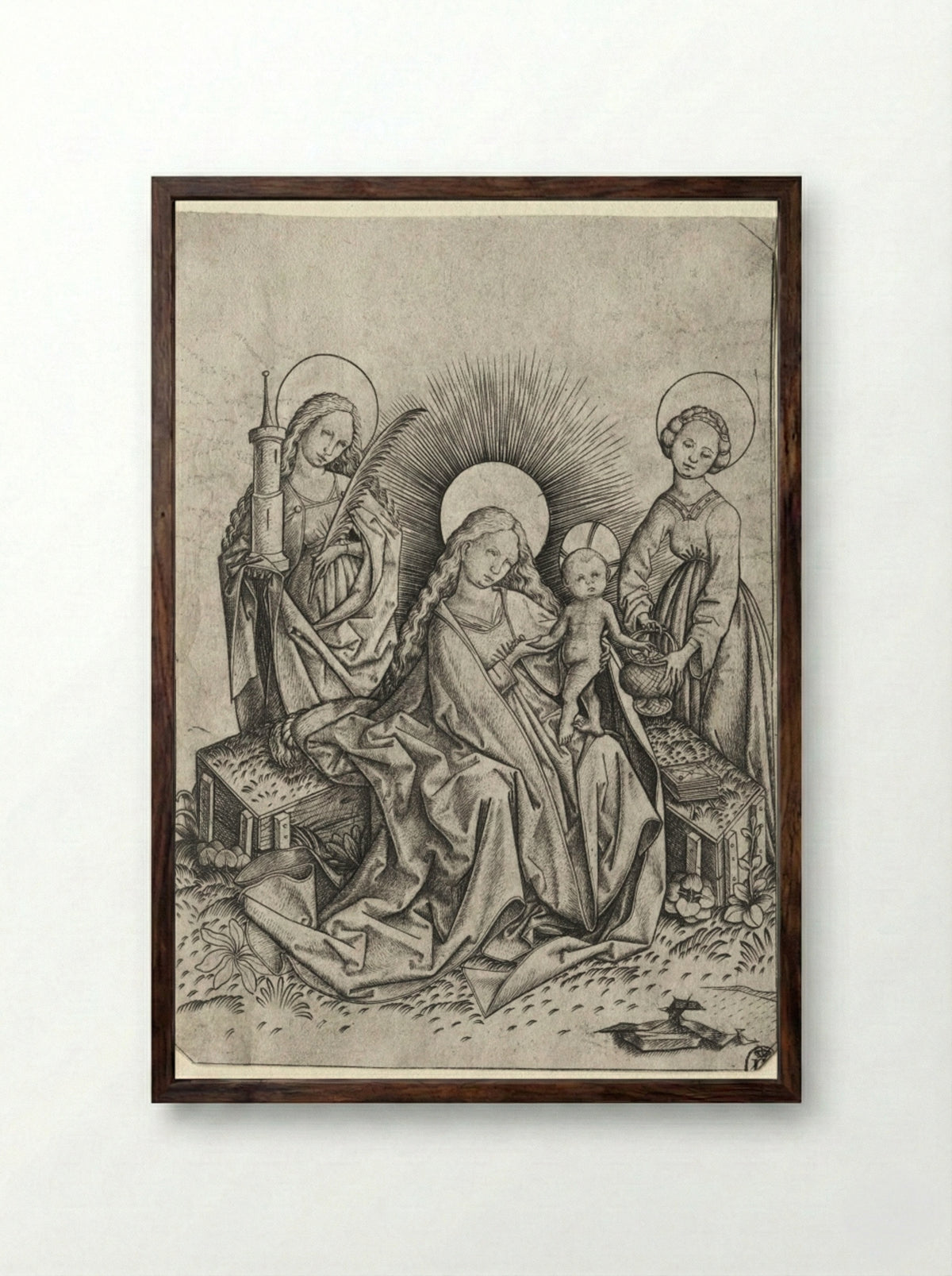 Madonna and Child in a Garden between St. Barbara and St. Dorothy - Master ES - Framed Print Dark Wood