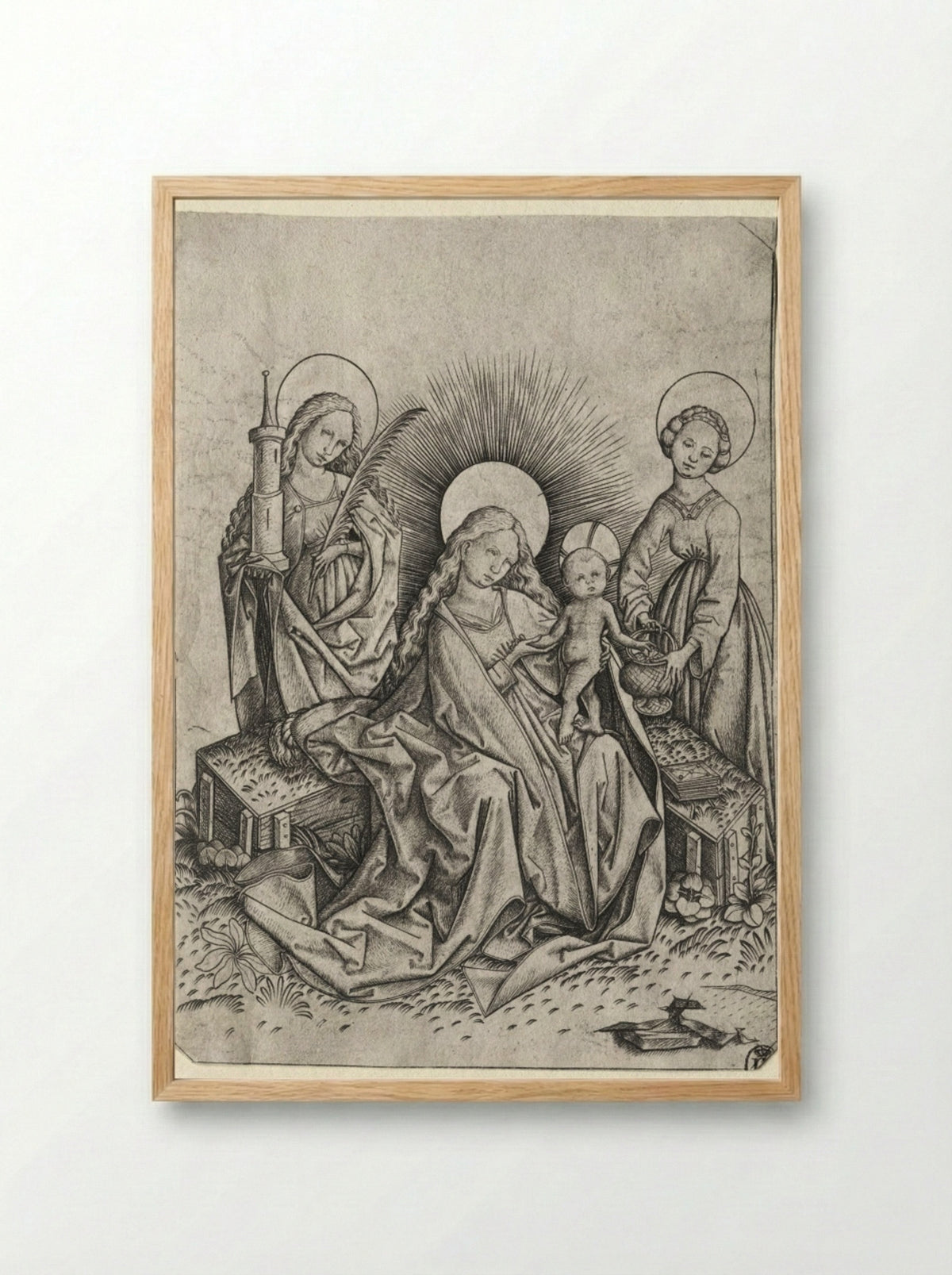 Madonna and Child in a Garden between St. Barbara and St. Dorothy - Master ES - Framed Print Wood