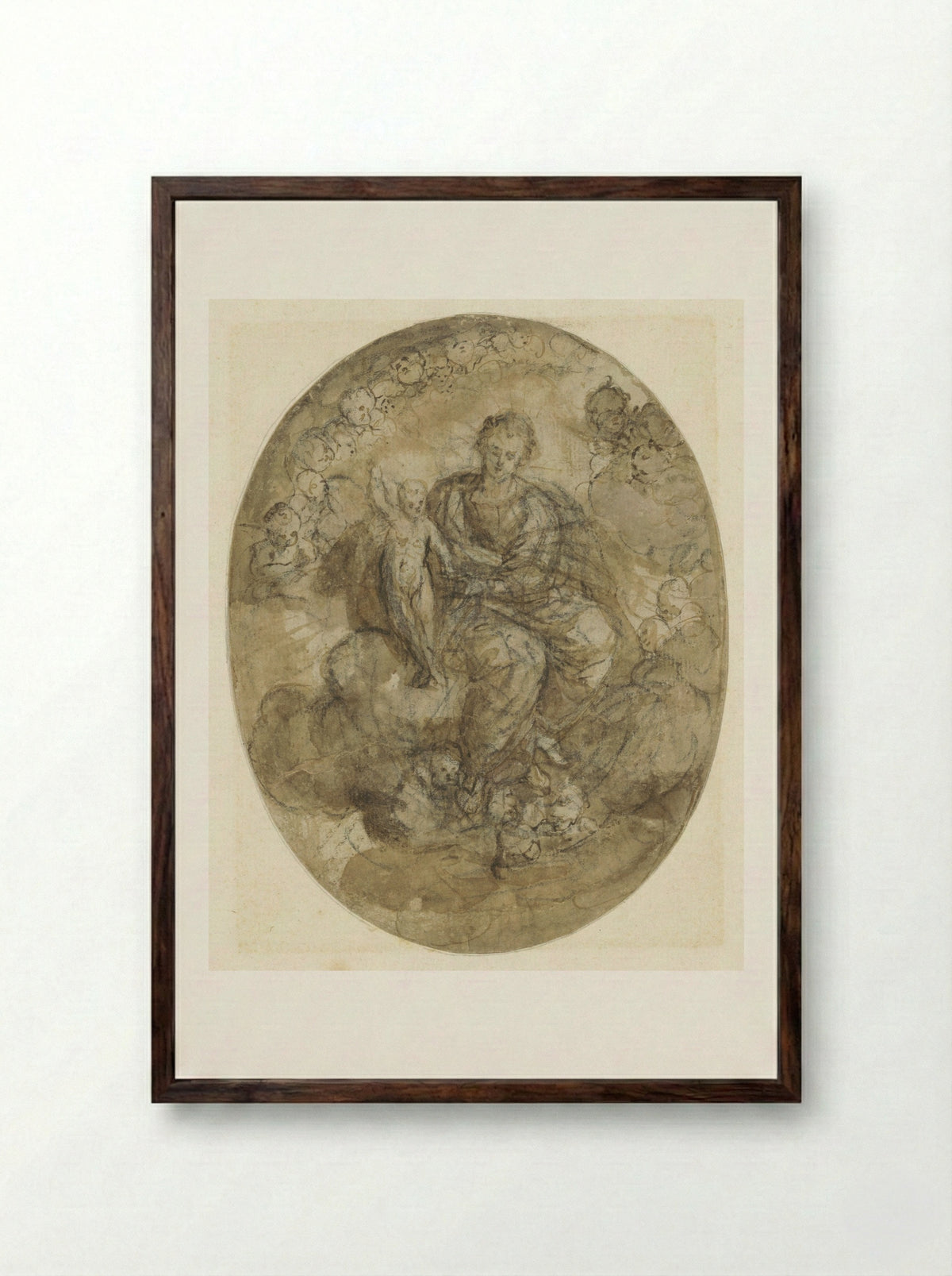 Madonna and Child with Angels on Clouds - Jerónimo Jacinto Espinosa - Framed Print Dark Wood