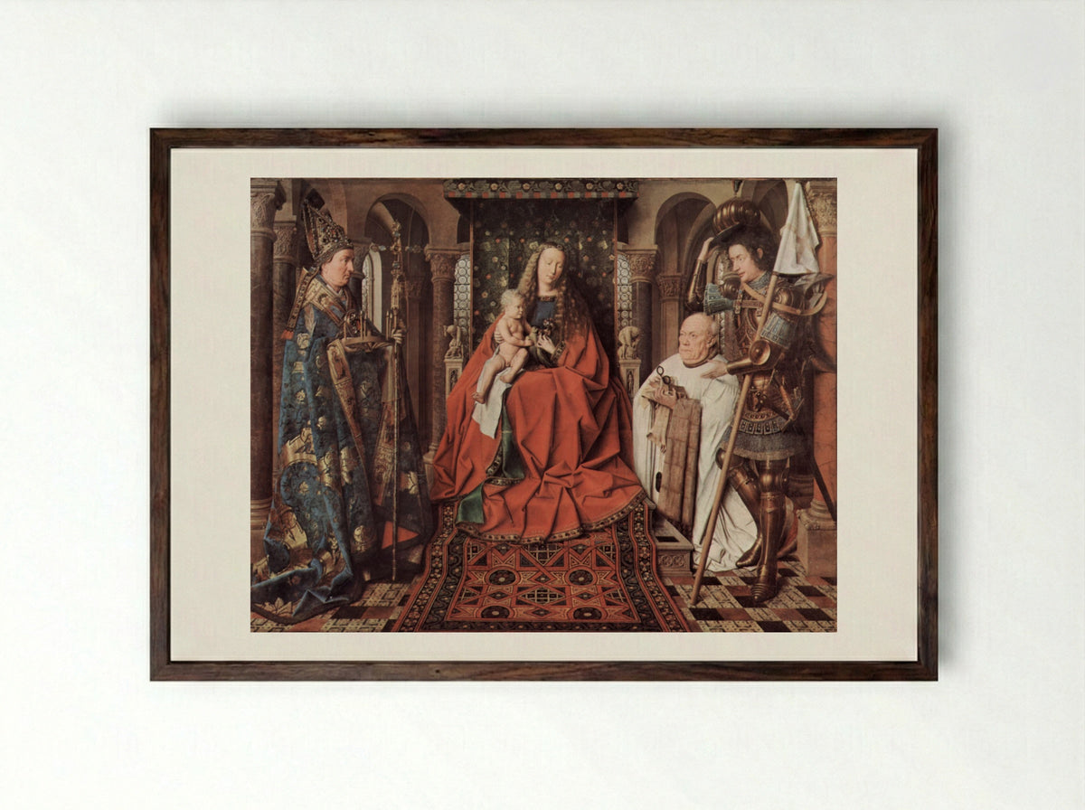 Madonna and Child with Canon Joris van der Paele - Jan van Eyck - Framed Print Dark Wood