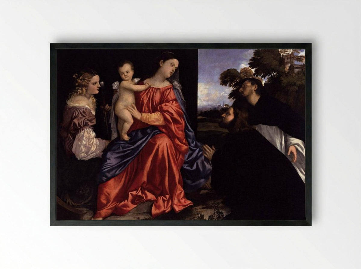 Madonna and Child with Saints Catherine and Dominic and a Donor - Titian - Framed Print Black