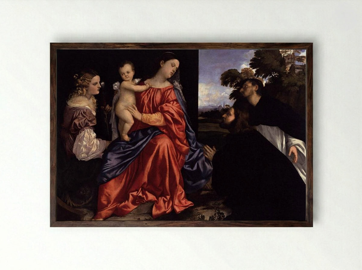 Madonna and Child with Saints Catherine and Dominic and a Donor - Titian - Framed Print Dark Wood