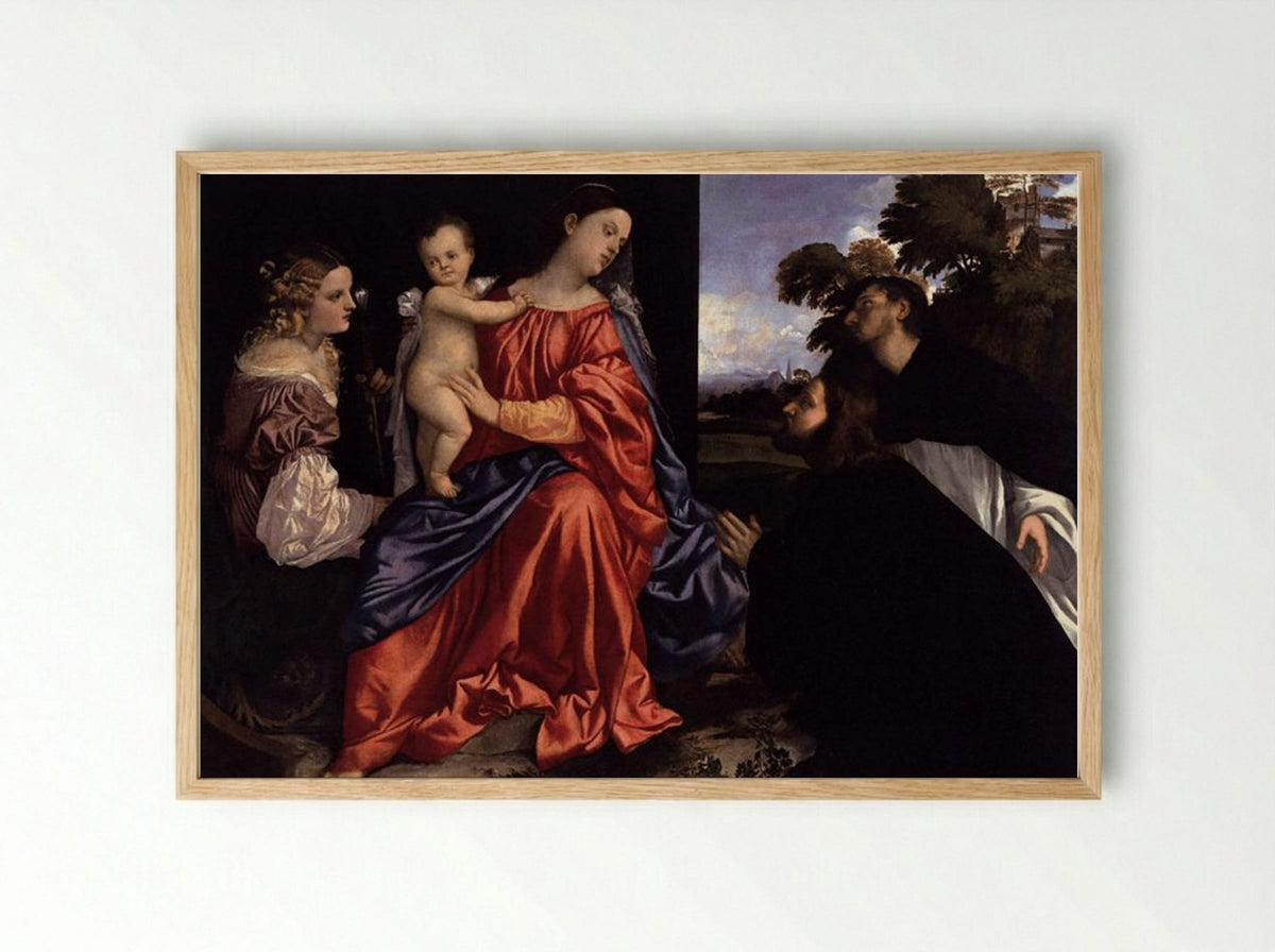 Madonna and Child with Saints Catherine and Dominic and a Donor - Titian - Framed Print Wood