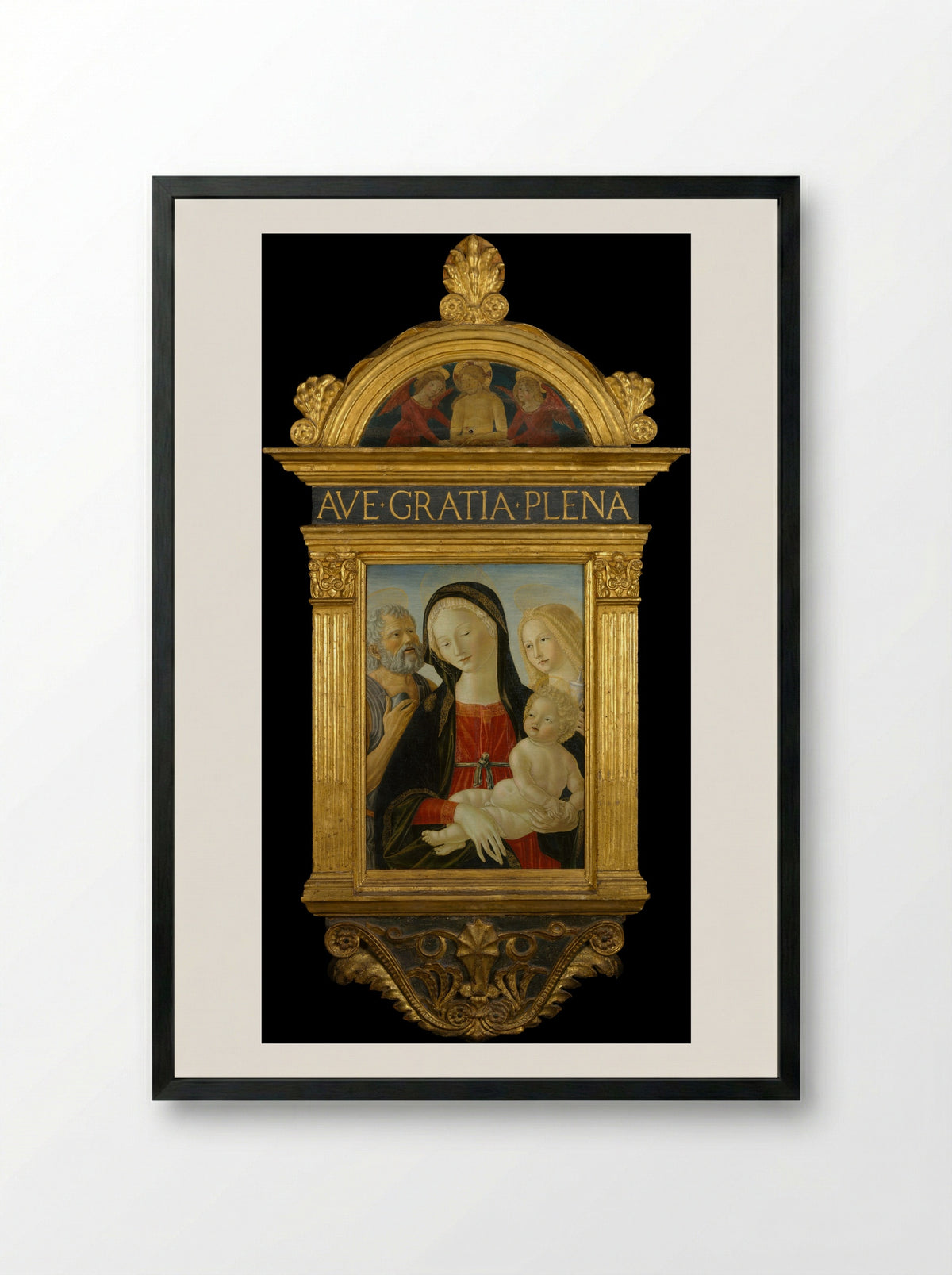Madonna and Child with Saints Jerome and Mary Magdalen - Neroccio de' Landi - Framed Print Black